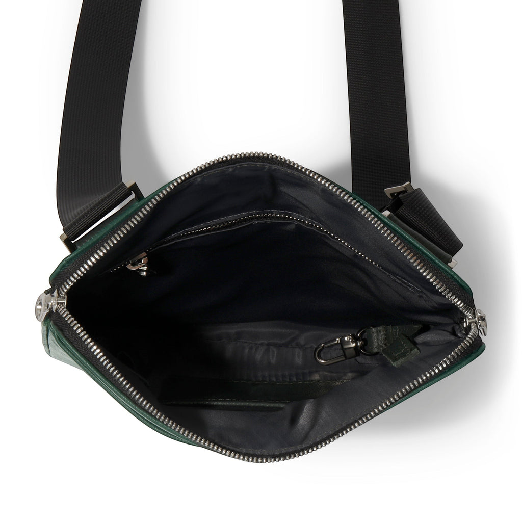 Luis Steven forest green pebble leather crossbody messenger bag with adjustable strap and multiple interior pockets.