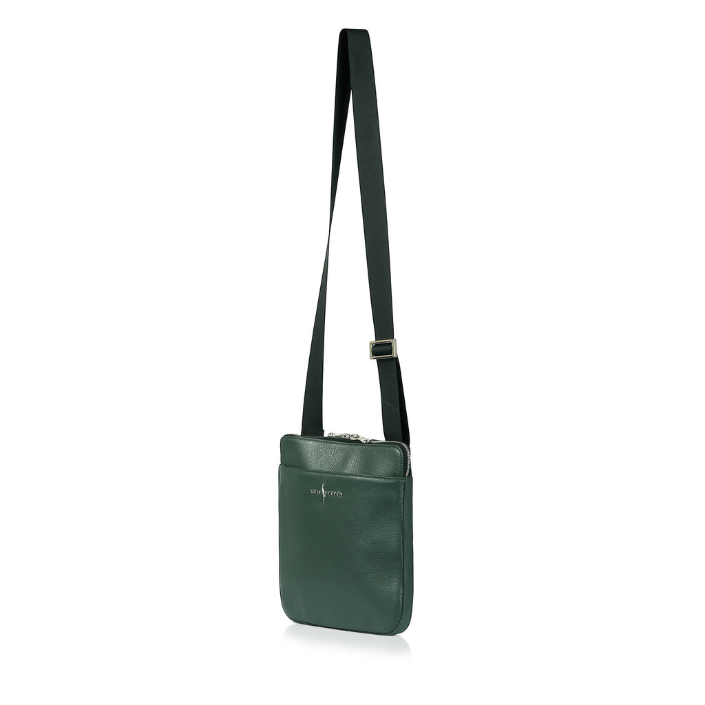 Luis Steven forest green pebble leather crossbody messenger bag with adjustable strap and exterior magnetic pocket.