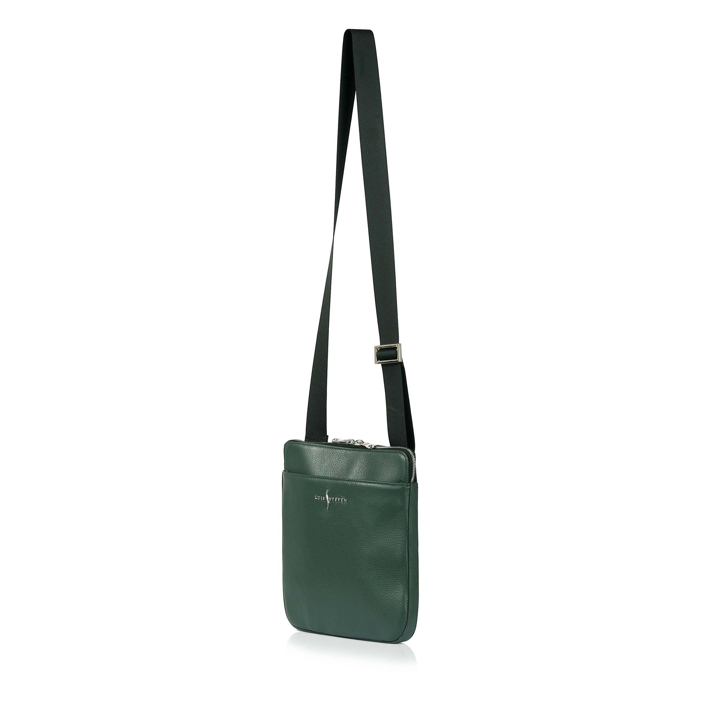 Luis Steven forest green pebble leather crossbody messenger bag with adjustable strap and exterior magnetic pocket.
