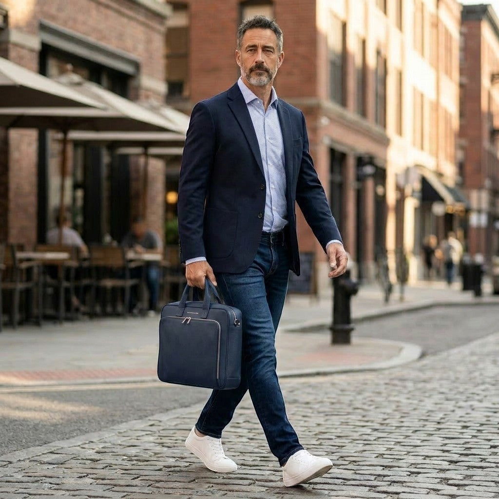 Luis Steven grey pebble leather briefcase with top handle and crossbody strap, for men's professional use.