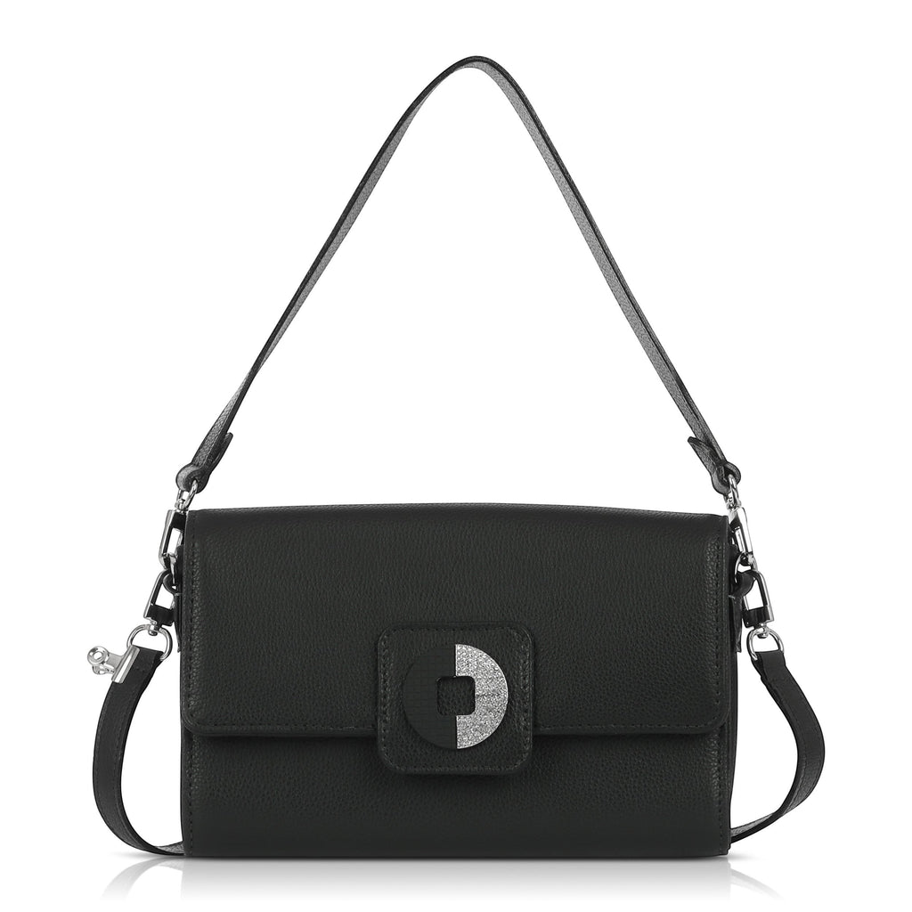 Luis Steven Kelly black pebble leather shoulder bag with a jeweled charm and convertible crossbody strap.