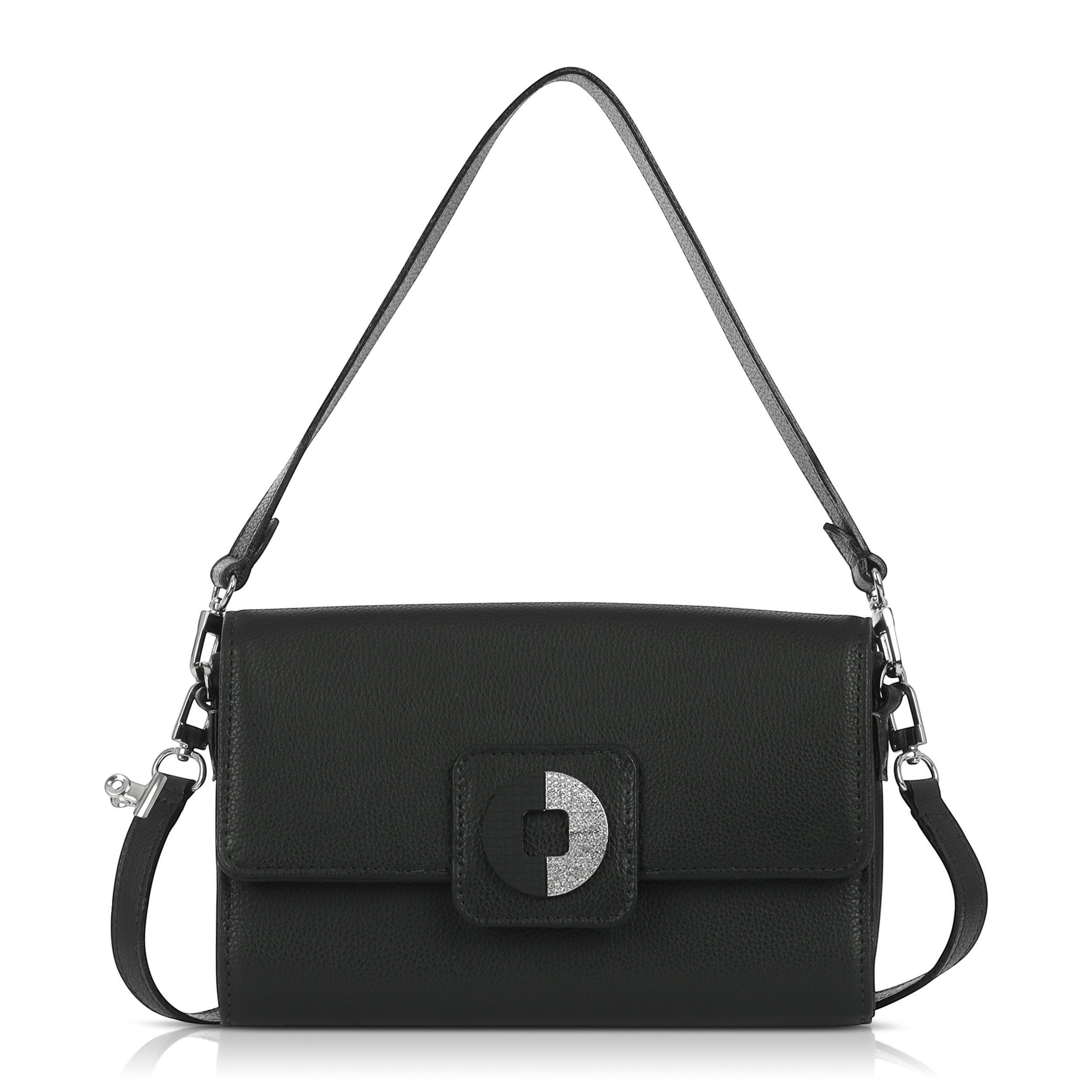 Luis Steven Kelly black pebble leather shoulder bag with a jeweled charm and convertible crossbody strap.