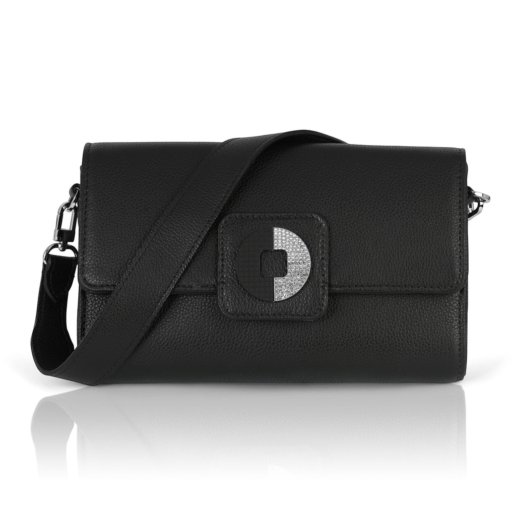 Luis Steven Kelly black pebble leather shoulder bag with a convertible strap and elegant jeweled charm detail.