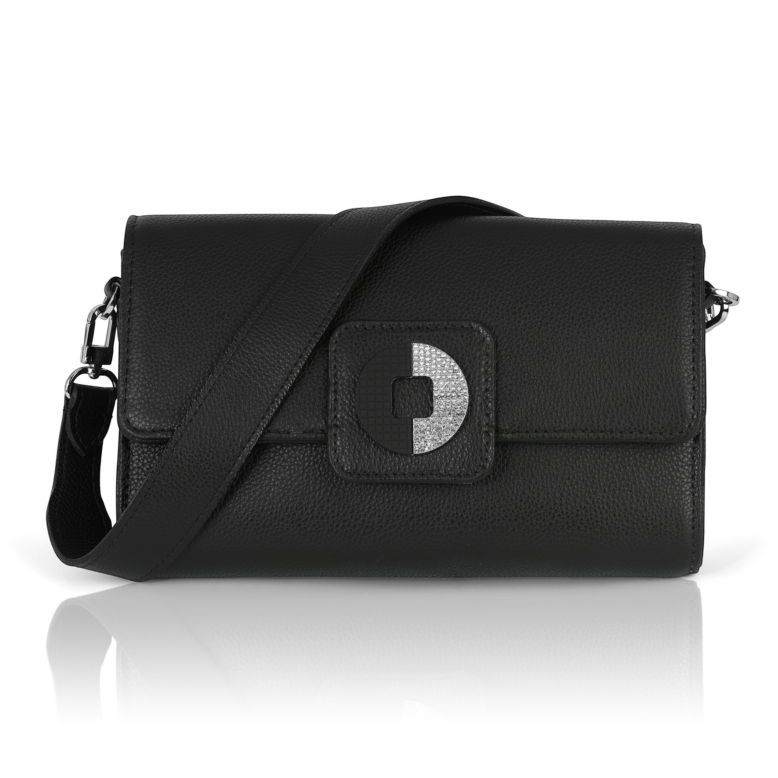 Luis Steven Kelly black pebble leather shoulder bag with a convertible strap and elegant jeweled charm detail.