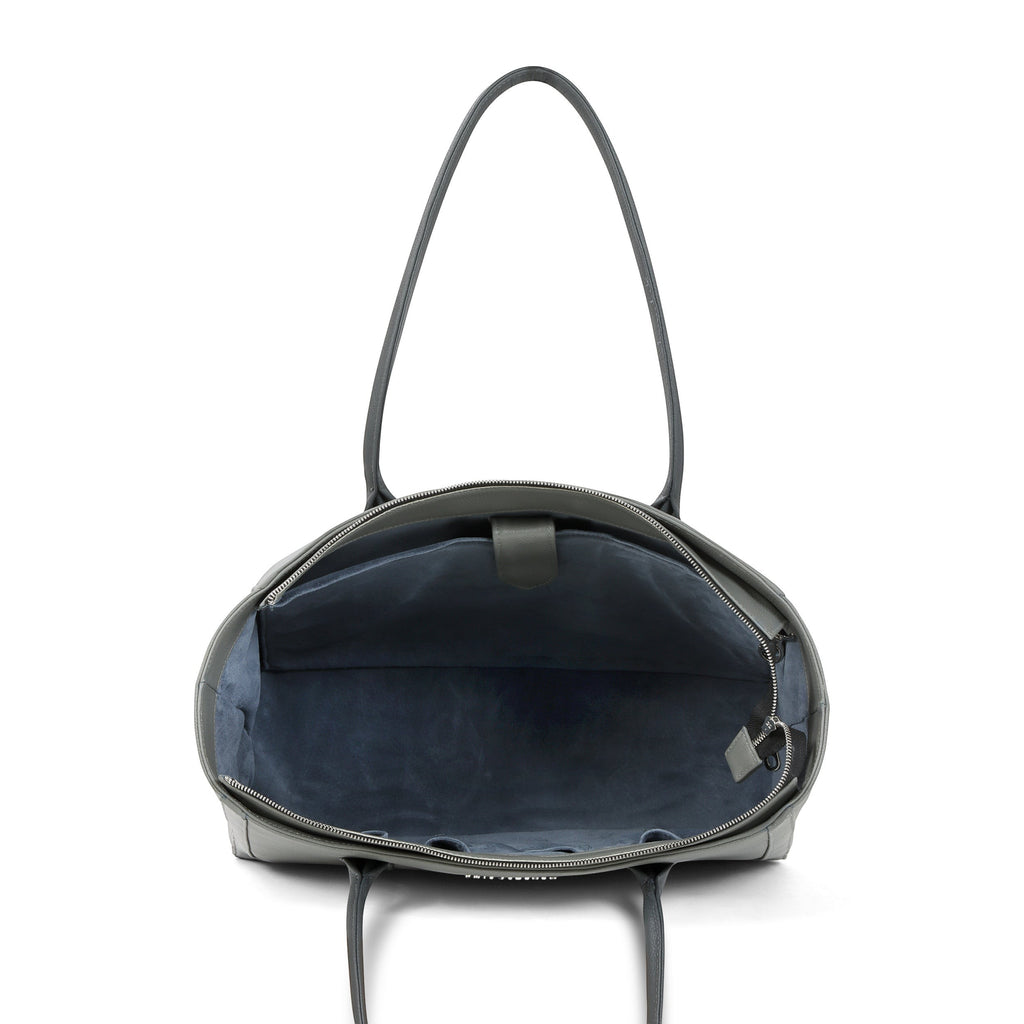 Luis Steven Large Tote Pro 2.0 open top view showing blue suede interior, laptop sleeve, and organized pockets.