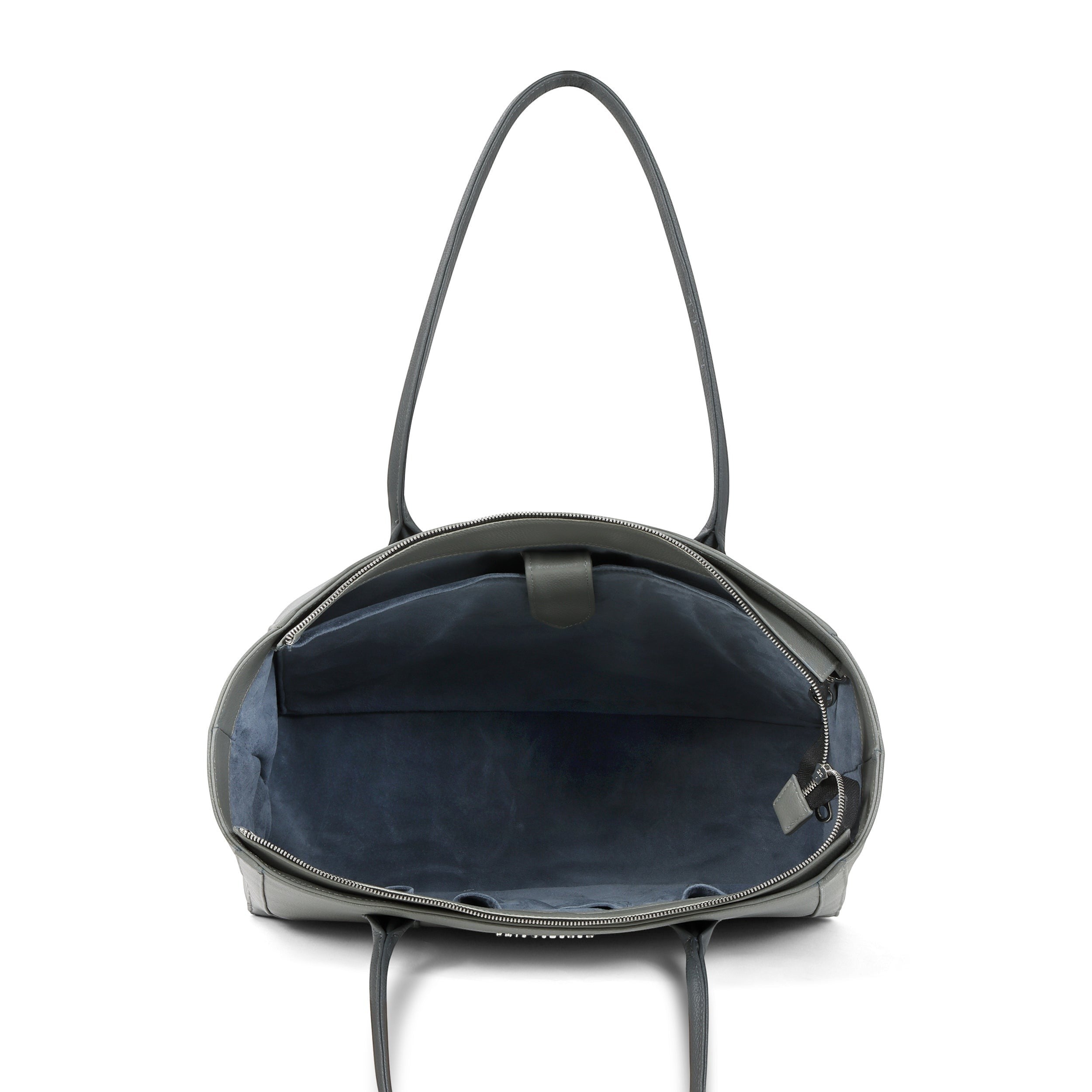 Luis Steven Large Tote Pro 2.0 open top view showing blue suede interior, laptop sleeve, and organized pockets.