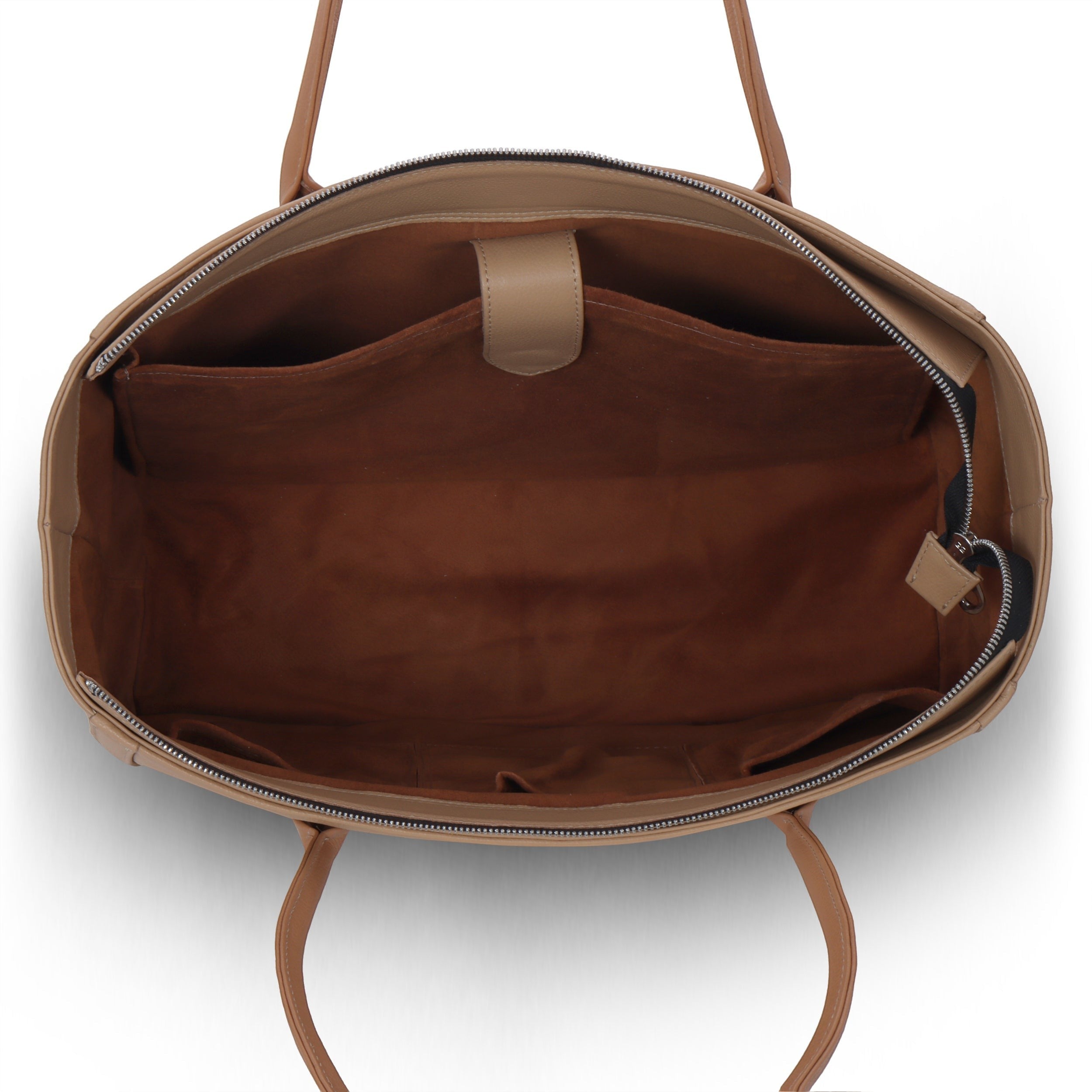 Luis Steven Large Tote Pro 2.0 interior view showing brown suede lining, laptop sleeve, and organizational pockets.