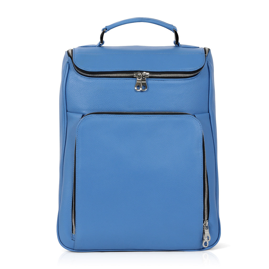 Luis Steven light blue pebble leather laptop backpack with top handle and front zip pocket. Fits up to 14.5" laptops.