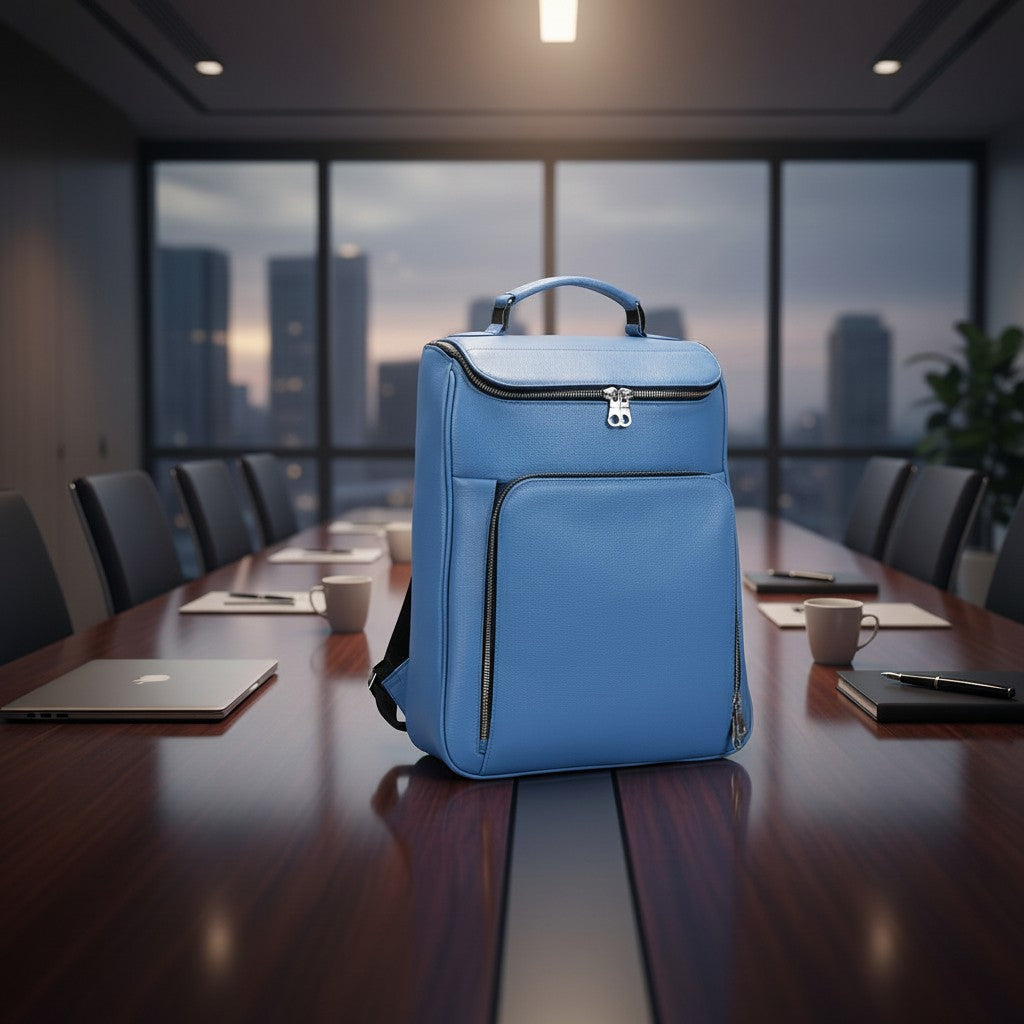 Luis Steven light blue pebble leather laptop backpack with concealable straps and organizer pockets, fits up to 16" laptops.