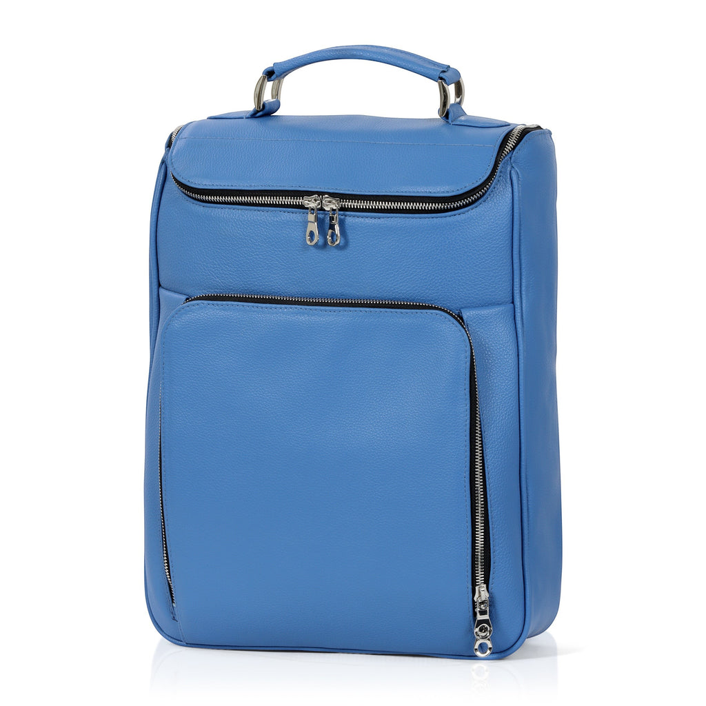 Luis Steven light blue pebble leather laptop backpack with top handle and zip pockets. Fits up to 16" laptops.