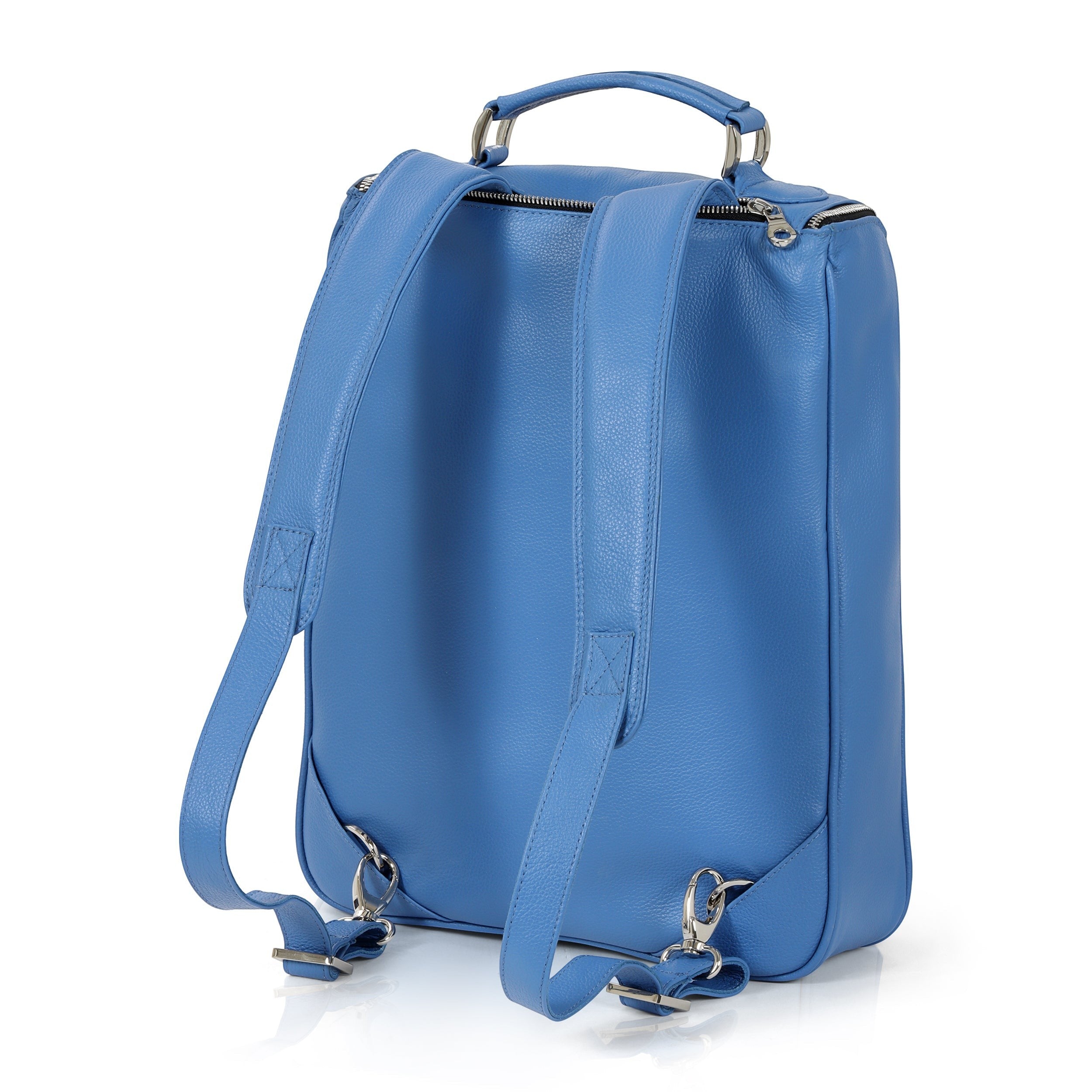 Luis Steven light blue pebble leather medium laptop backpack with concealable straps and top handle.
