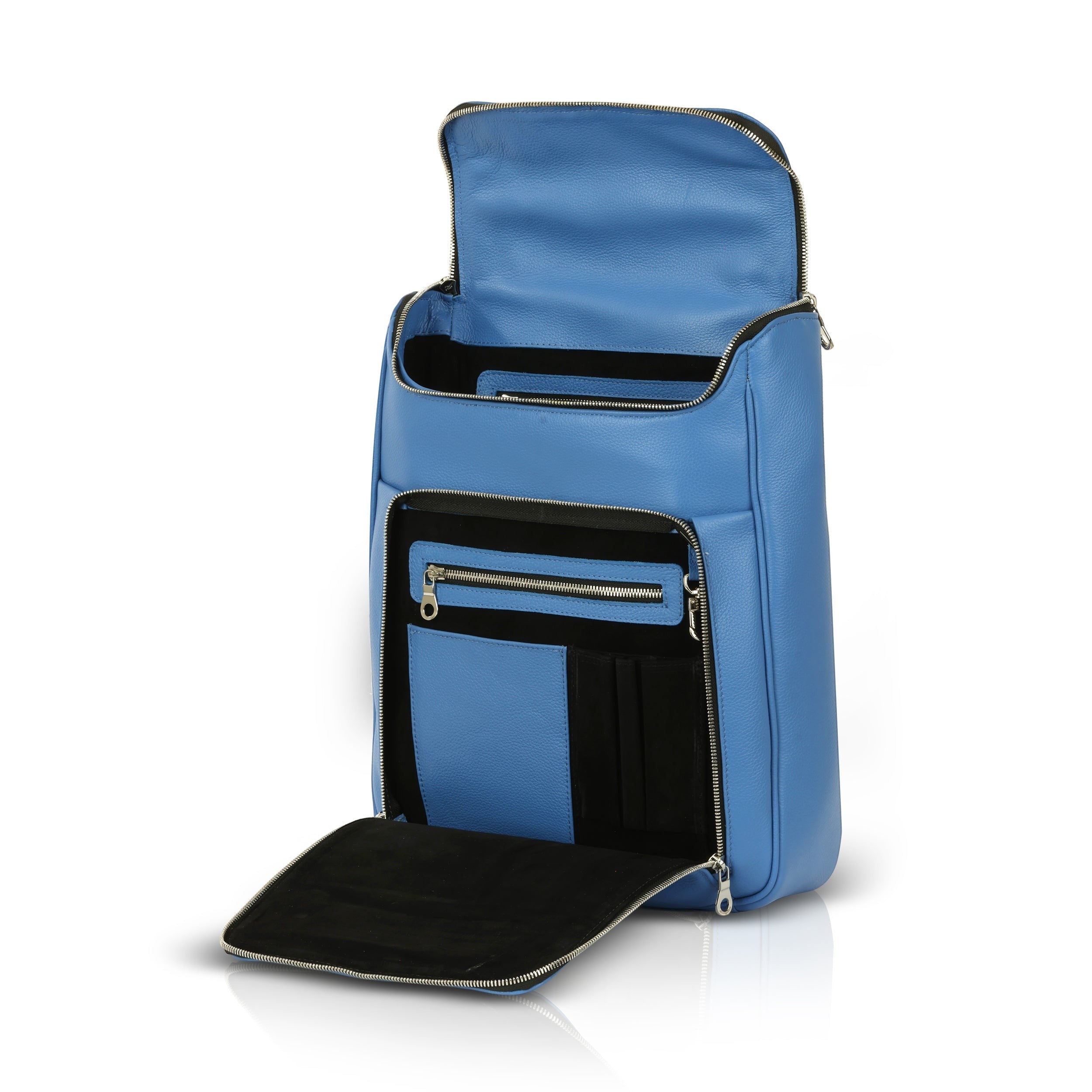 Luis Steven light blue pebble leather laptop backpack with multiple compartments and concealable straps.