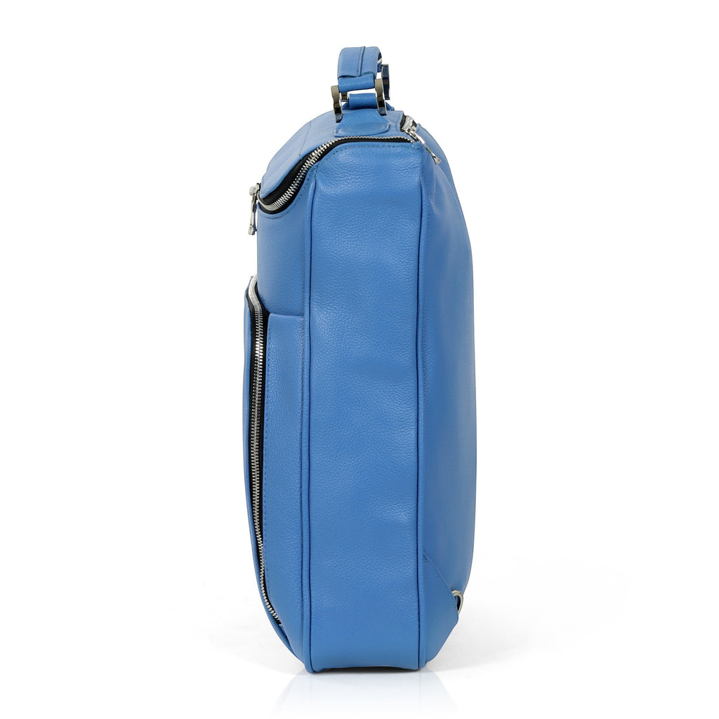 Luis Steven light blue pebble leather laptop backpack with briefcase style, top handle, and concealable straps.