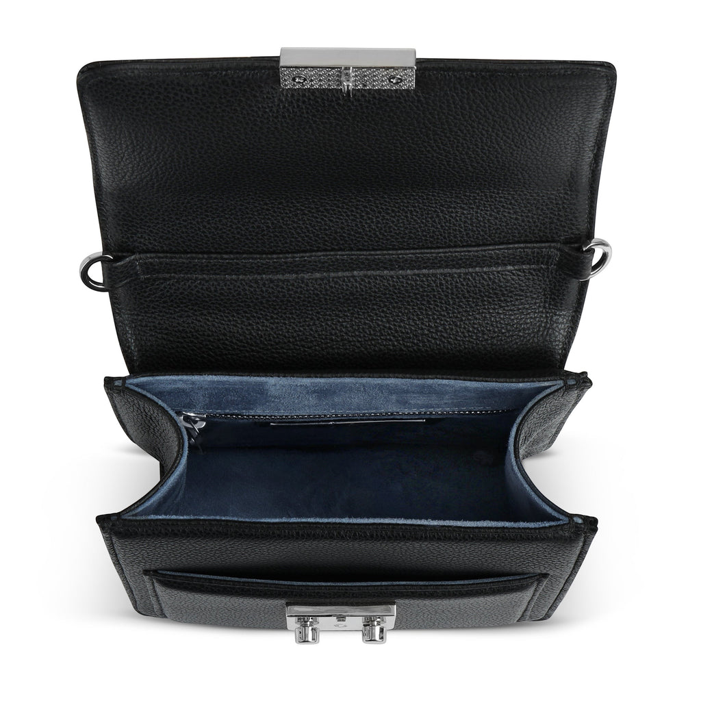 Luis Steven Madie black pebble leather top handle bag with open flap, nickel hardware, and blue suede interior lining.