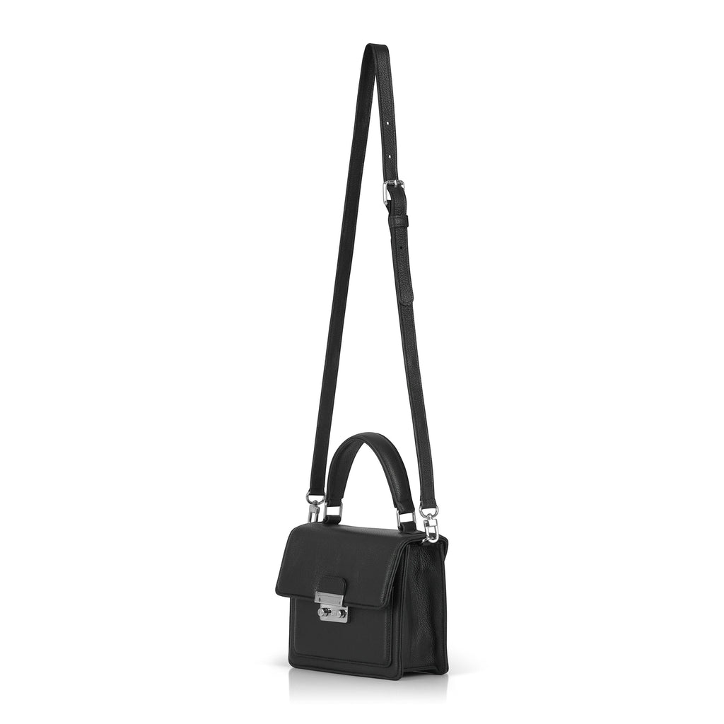 Luis Steven Madie black pebble leather top handle bag with crossbody strap and nickel hardware