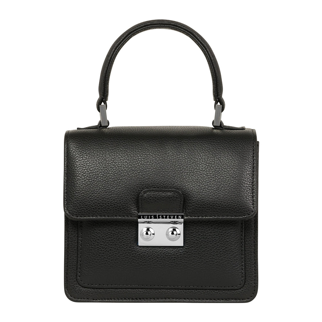 Luis Steven Madie small black top handle bag in Italian pebble leather with polished nickel hardware and lock closure