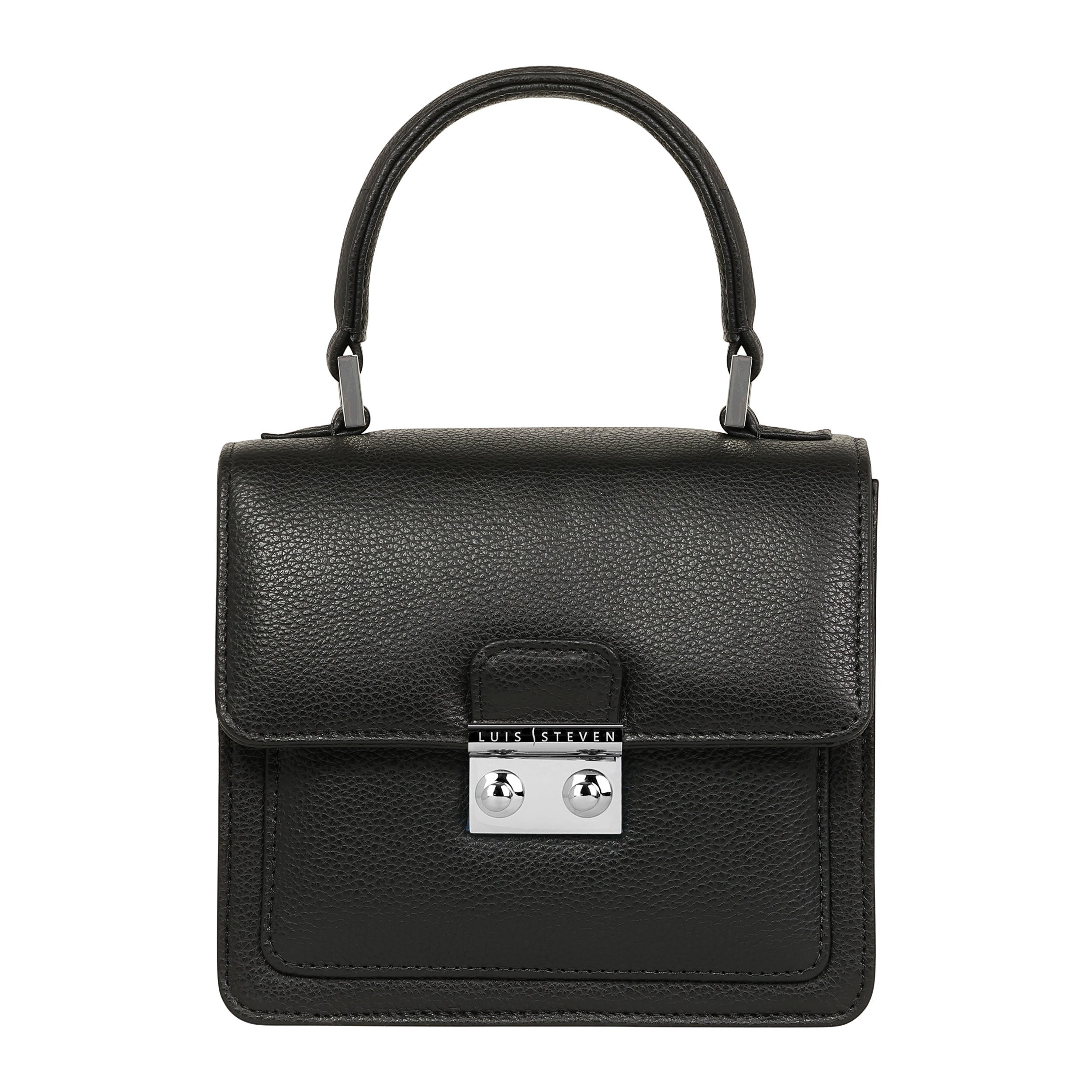Luis Steven Madie small black top handle bag in Italian pebble leather with polished nickel hardware and lock closure