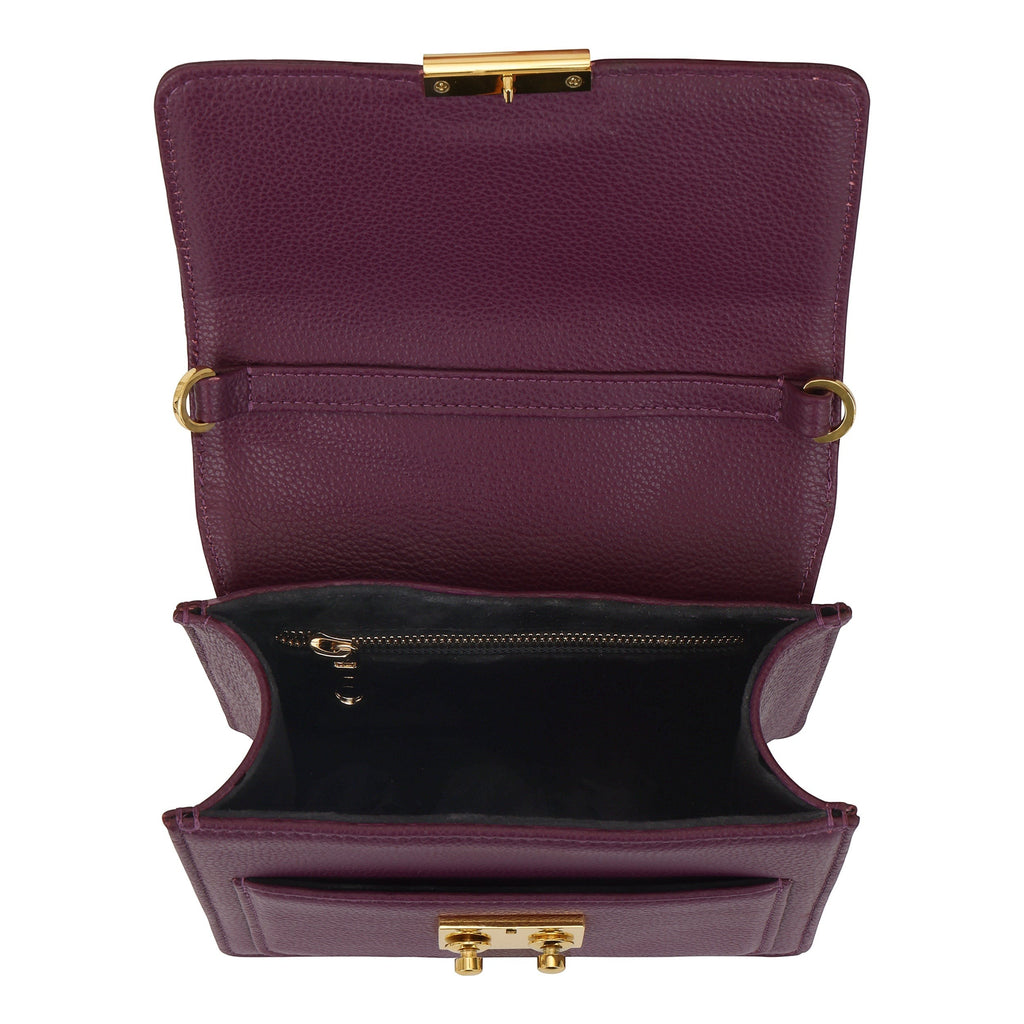 Luis Steven Madie small burgundy pebble leather top handle bag with gold hardware and lock closure.