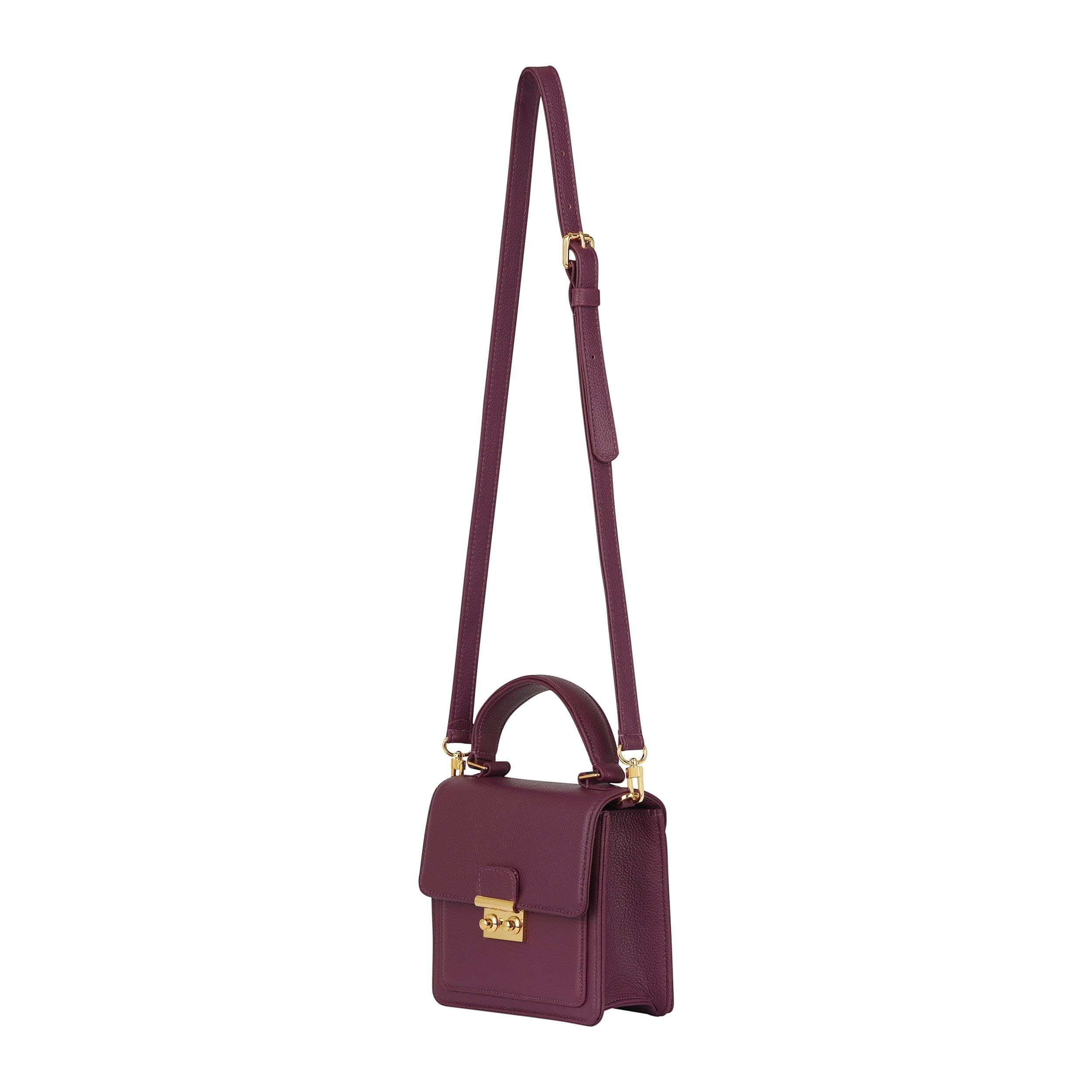 Luis Steven Madie small burgundy pebble leather top handle bag with gold lock and crossbody strap.