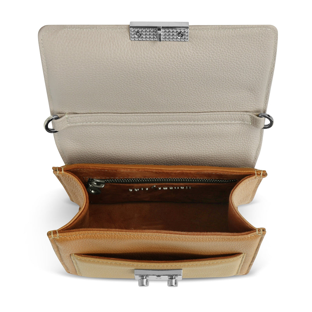 Luis Steven Madie top handle bag in tan and cream Italian pebble leather with nickel hardware and suede interior