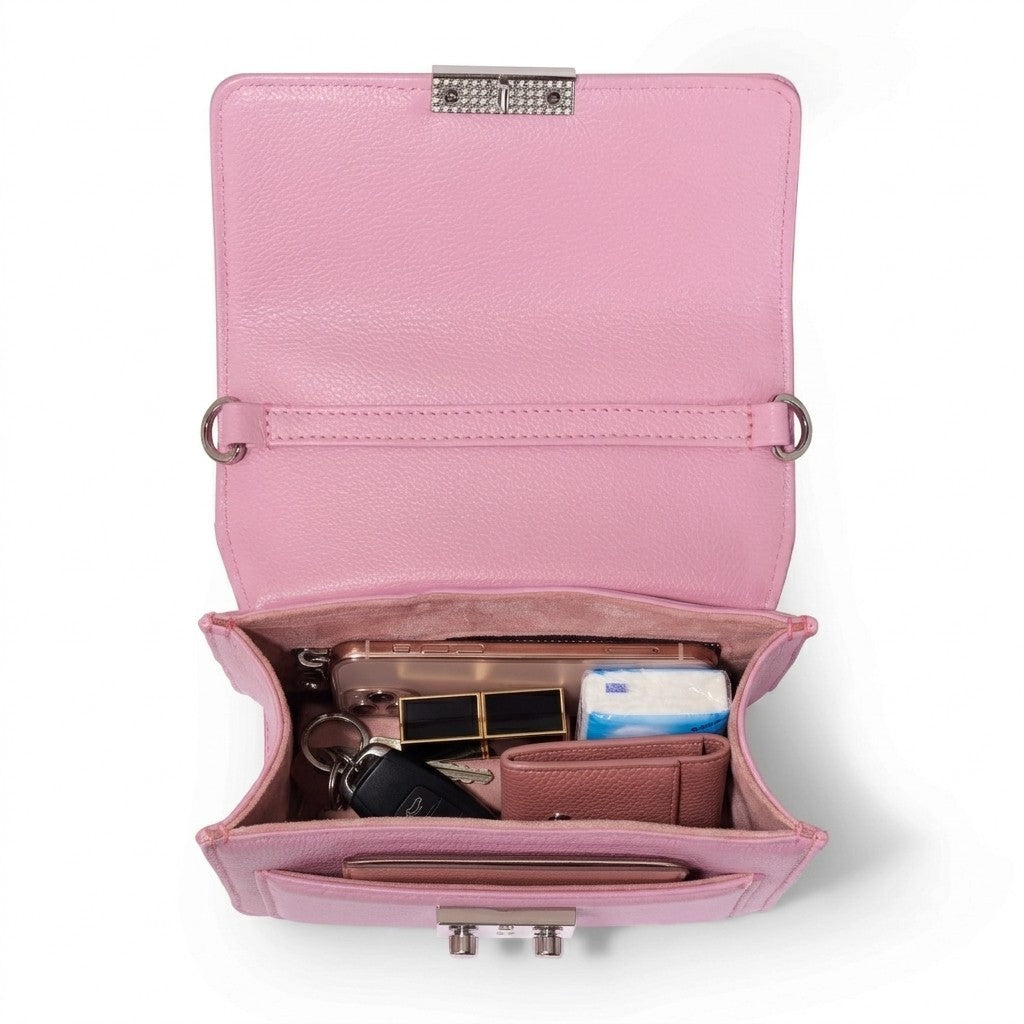 Luis Steven Madie pink pebble leather small top handle bag with interior essentials and suede lining