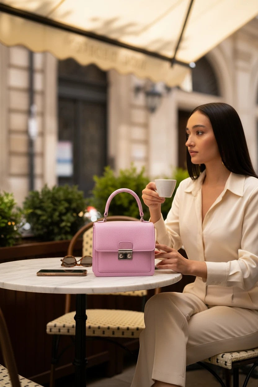 Luis Steven Madie pink pebble leather small top handle bag with silver lock and detachable crossbody strap.