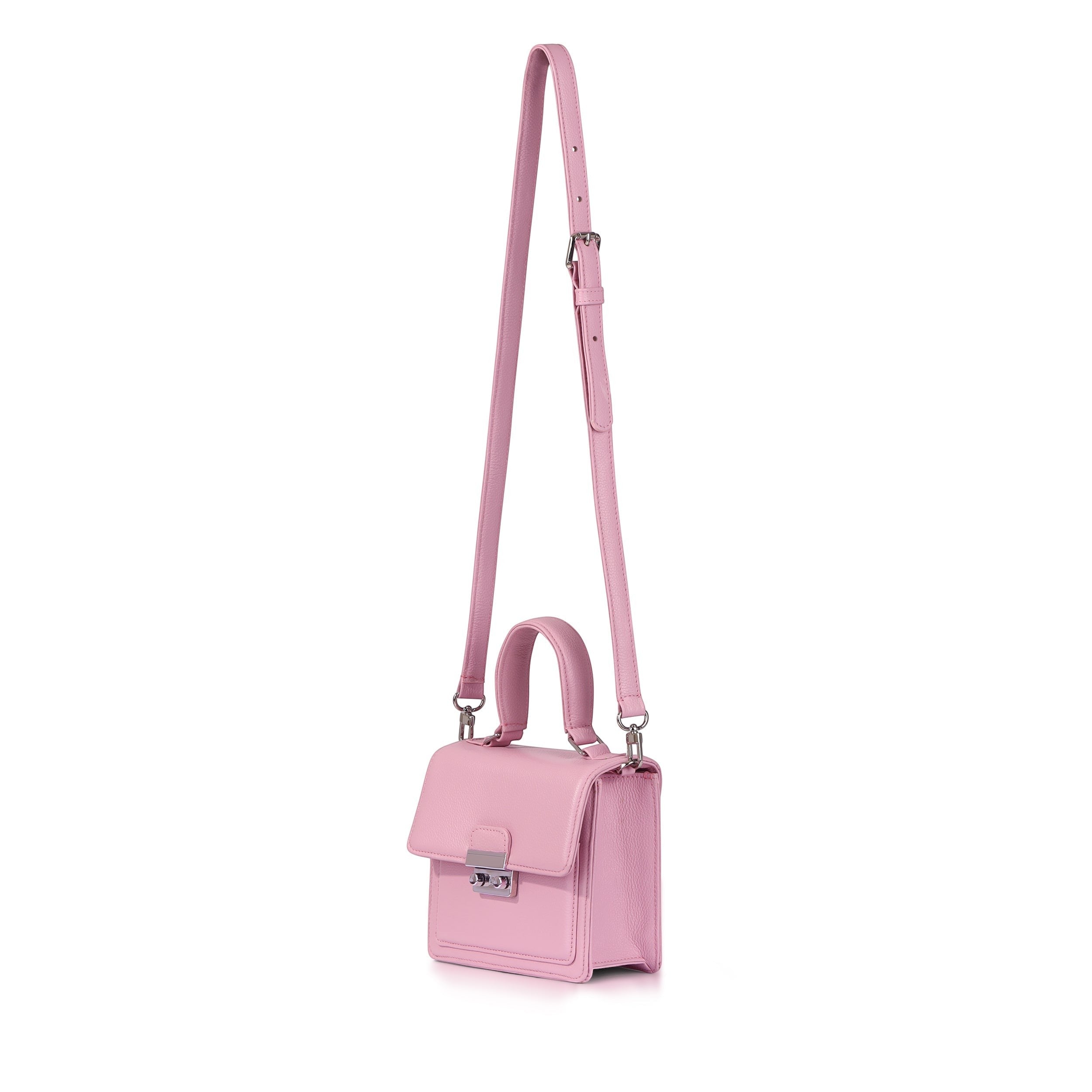 Luis Steven Madie pink pebble leather small top handle bag with crossbody strap and lock closure.