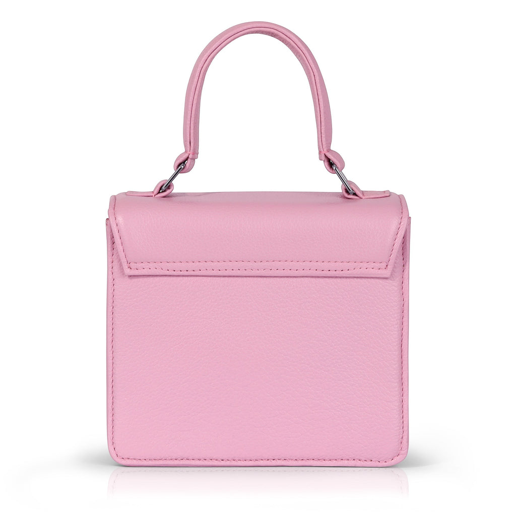 Luis Steven Madie pink pebble leather small top handle bag with lock and detachable crossbody strap.