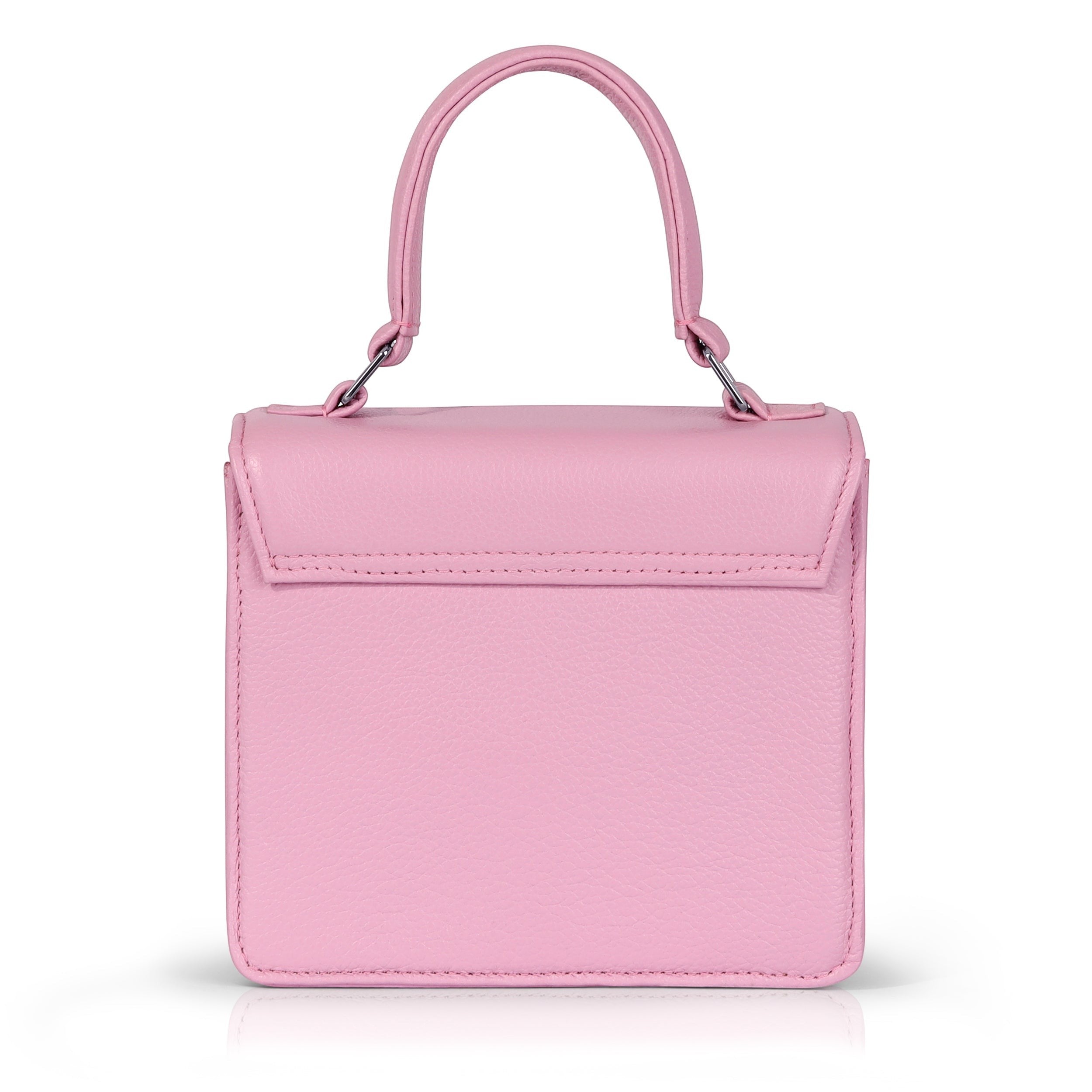 Luis Steven Madie pink pebble leather small top handle bag with lock and detachable crossbody strap.
