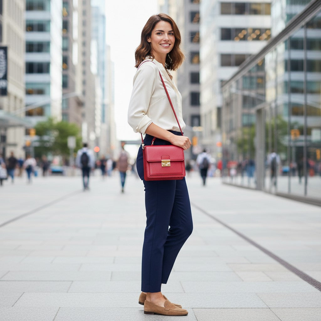 Luis Steven Madie red pebble leather top handle bag with gold hardware worn as a crossbody by a woman in the city.