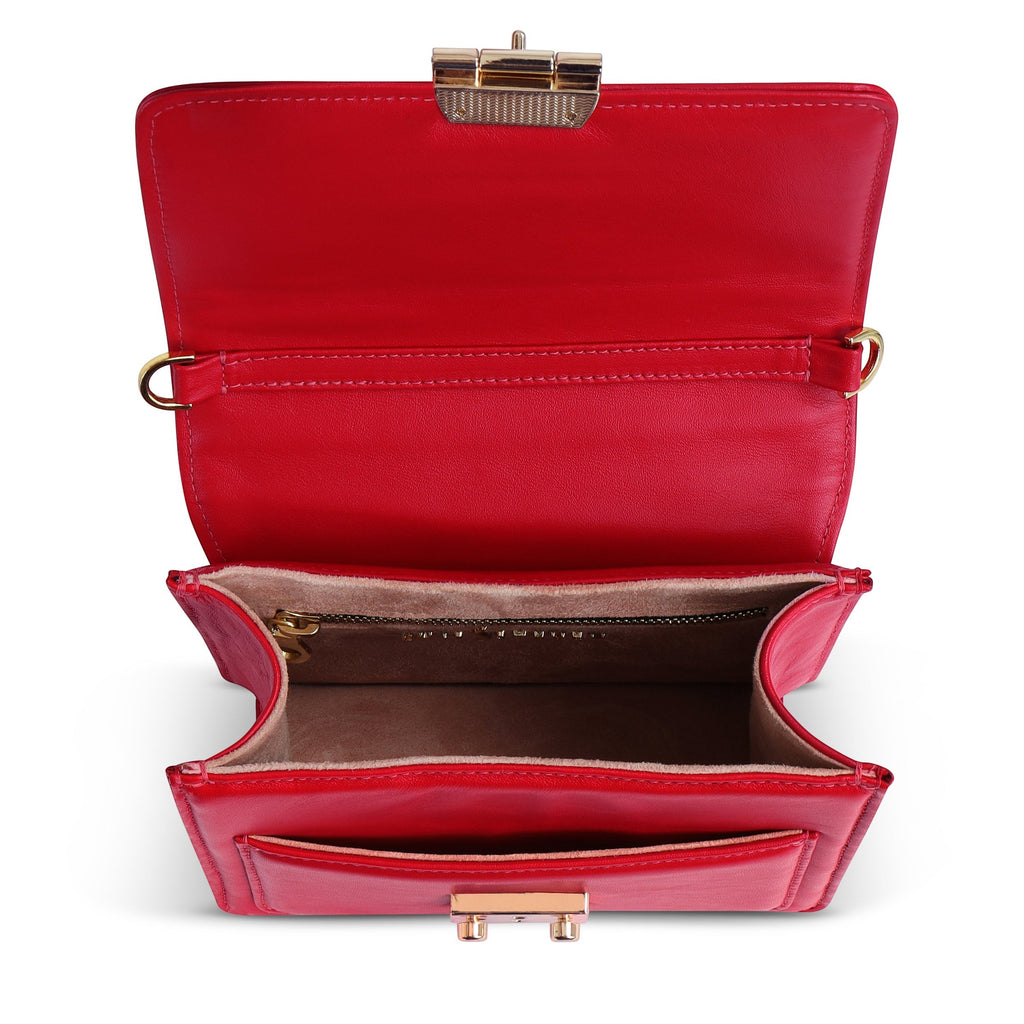 Luis Steven Madie small red nappa leather top handle bag with gold hardware and open suede interior