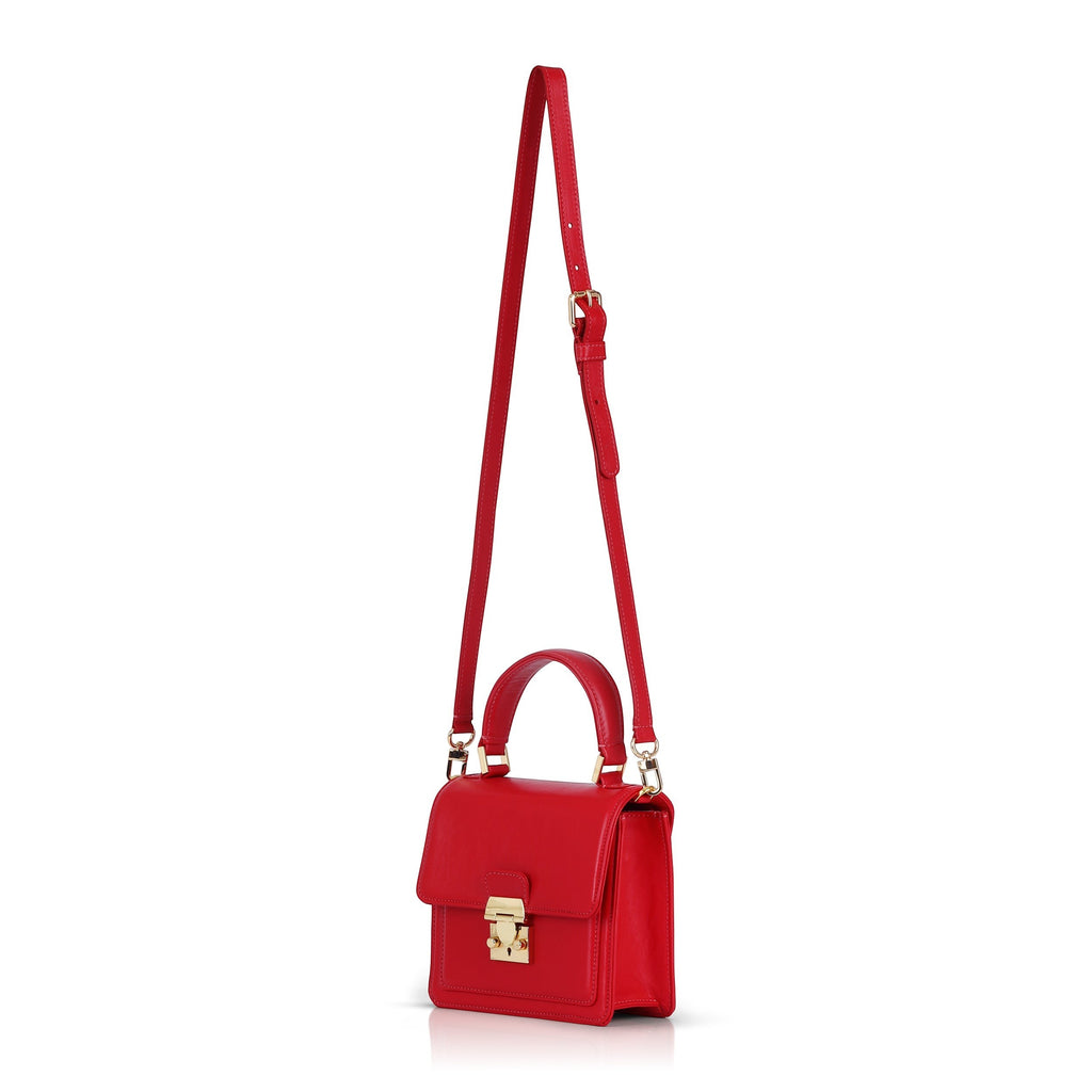 Luis Steven Madie small red nappa leather top handle bag with gold hardware and detachable crossbody strap