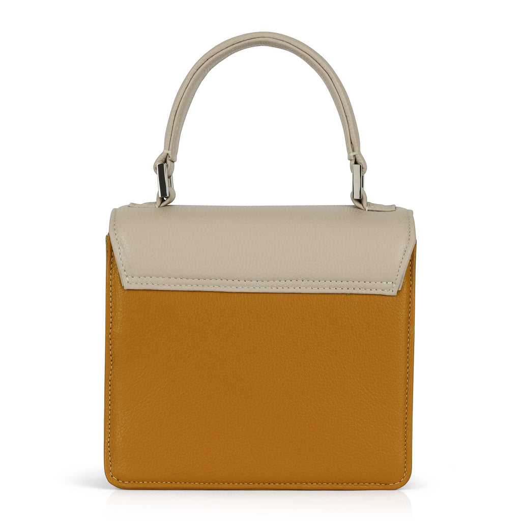 Luis Steven Madie small top handle bag in tan and cream Italian pebble leather with nickel hardware