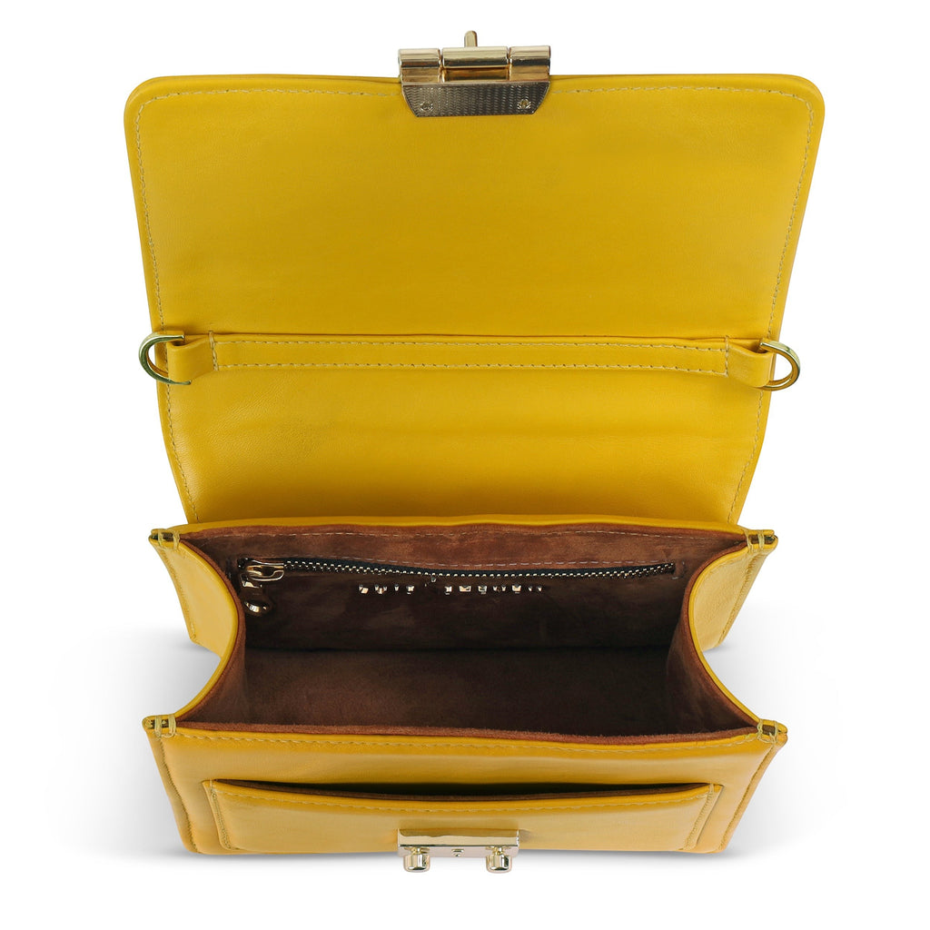 Luis Steven Madie yellow nappa leather top handle bag with open flap, gold hardware, and brown suede interior lining.