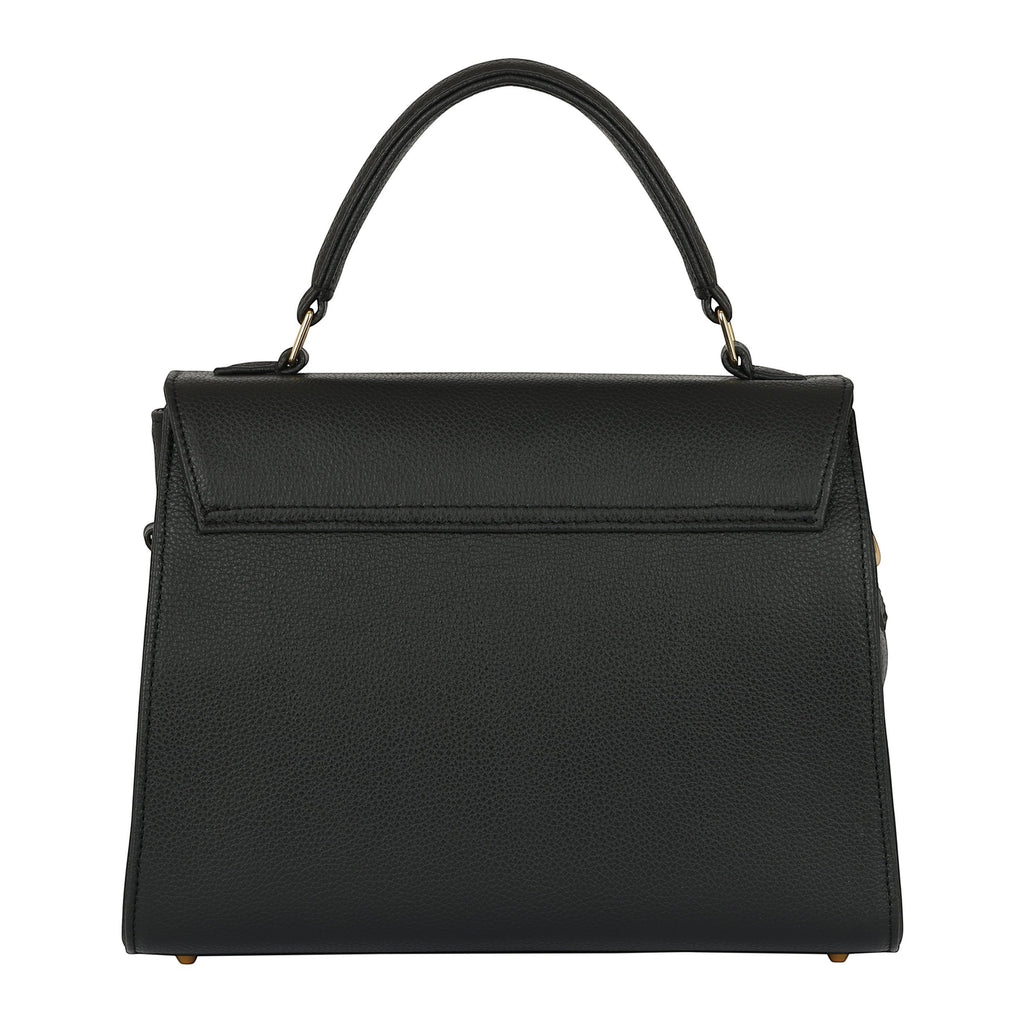 Luis Steven Maxine black pebble leather top handle bag with gold hardware and front lock closure.