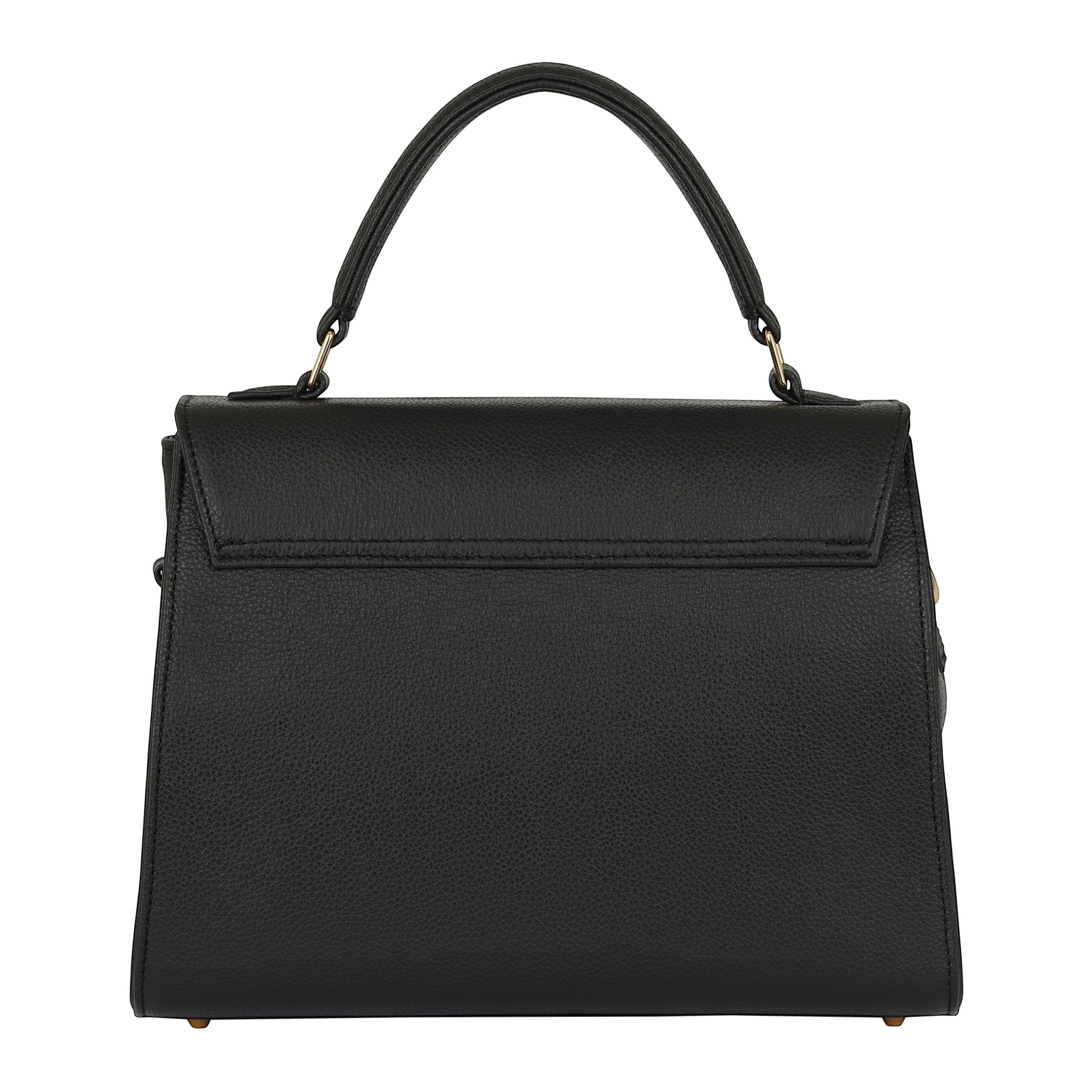 Luis Steven Maxine black pebble leather top handle bag with gold hardware and front lock closure.