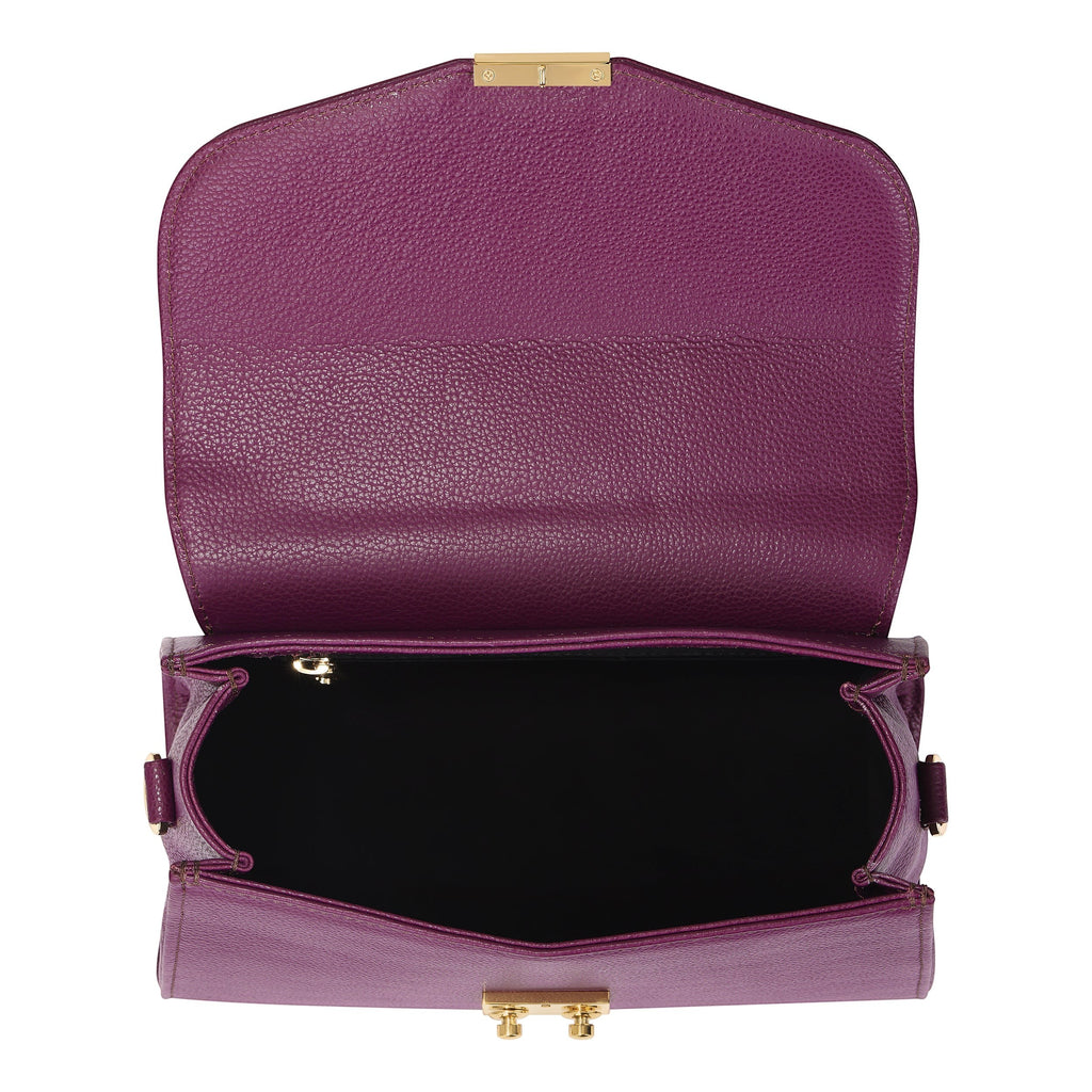 Luis Steven Maxine burgundy pebble leather top handle bag with gold hardware and open interior view