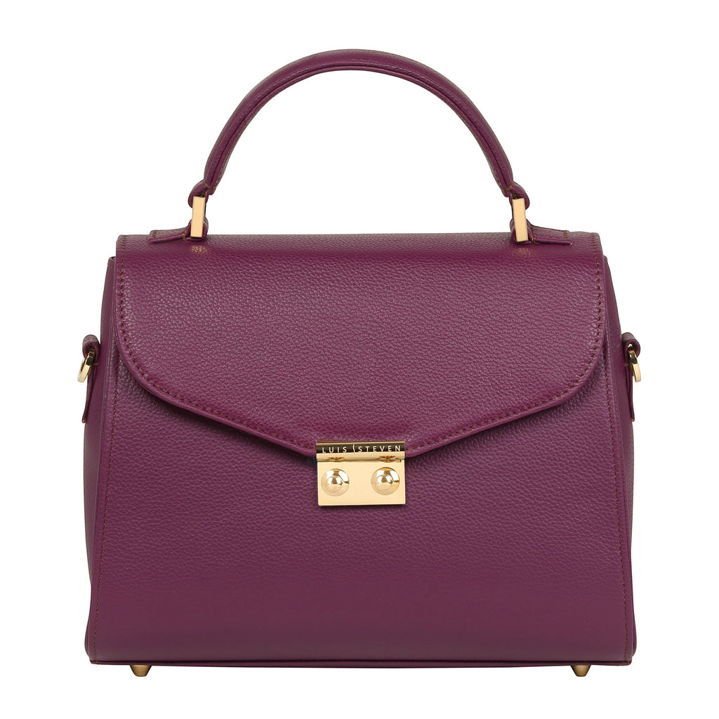 Luis Steven Maxine burgundy pebble leather top handle bag with gold hardware and front lock closure