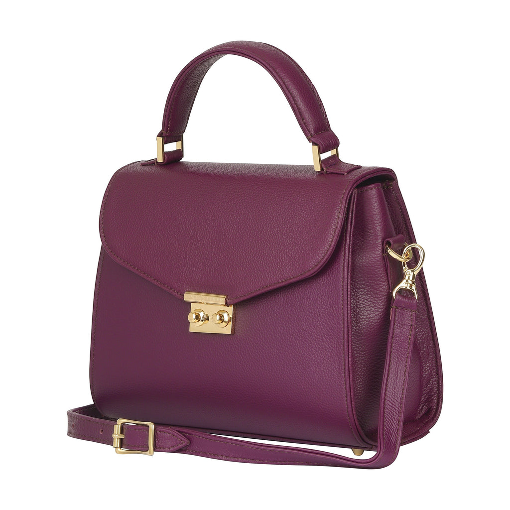 Luis Steven Maxine burgundy pebble leather top handle bag with gold hardware and a detachable crossbody strap.