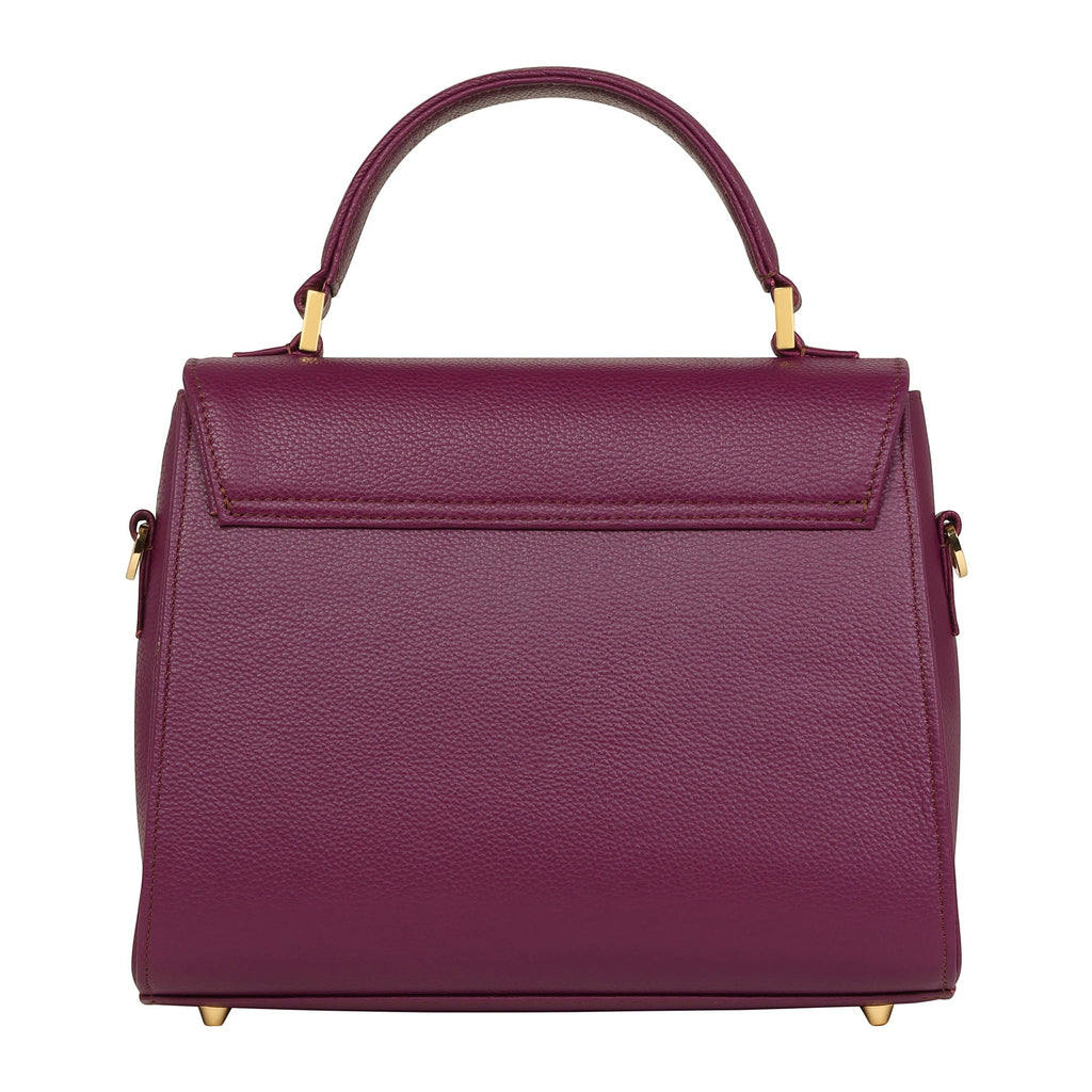 Luis Steven Maxine burgundy pebble leather top handle bag with gold hardware and front lock closure