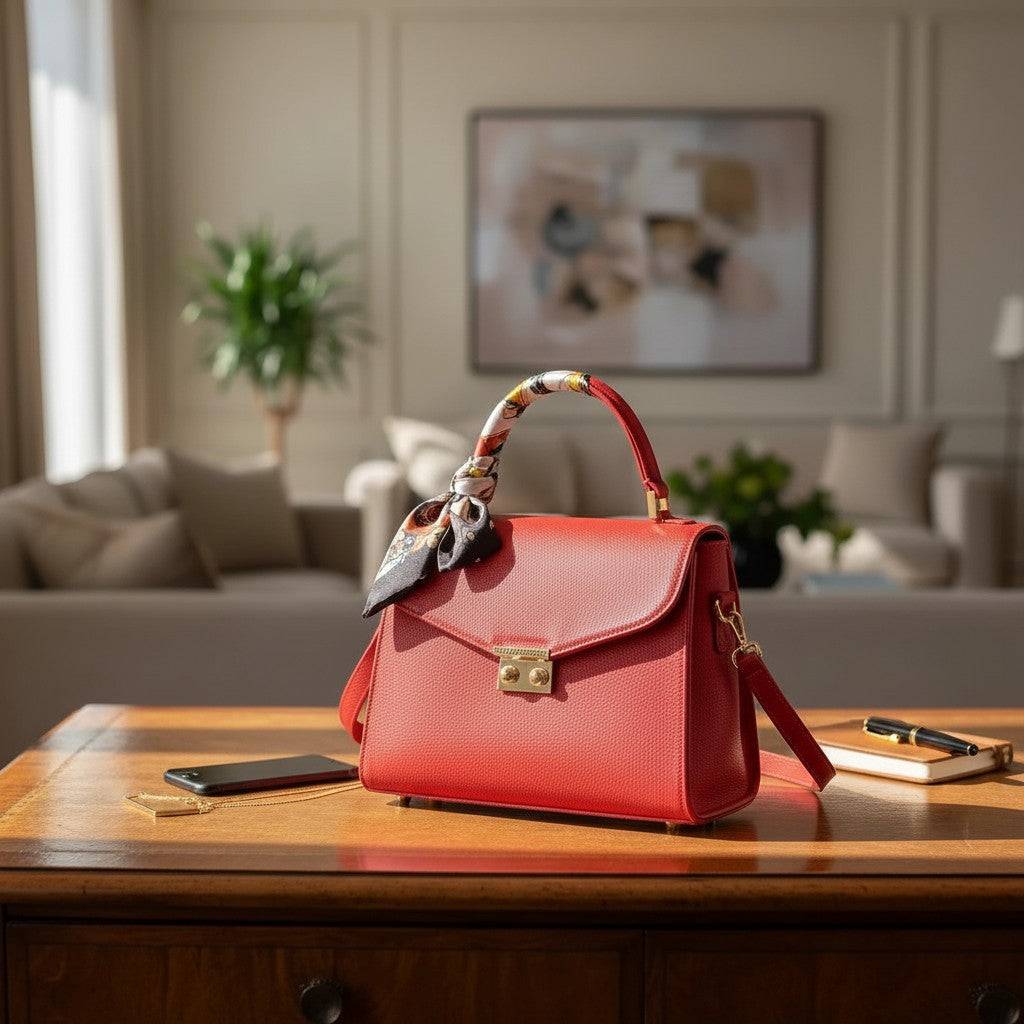 Luis Steven Maxine red Italian pebble leather top handle bag with gold hardware and scarf detail.