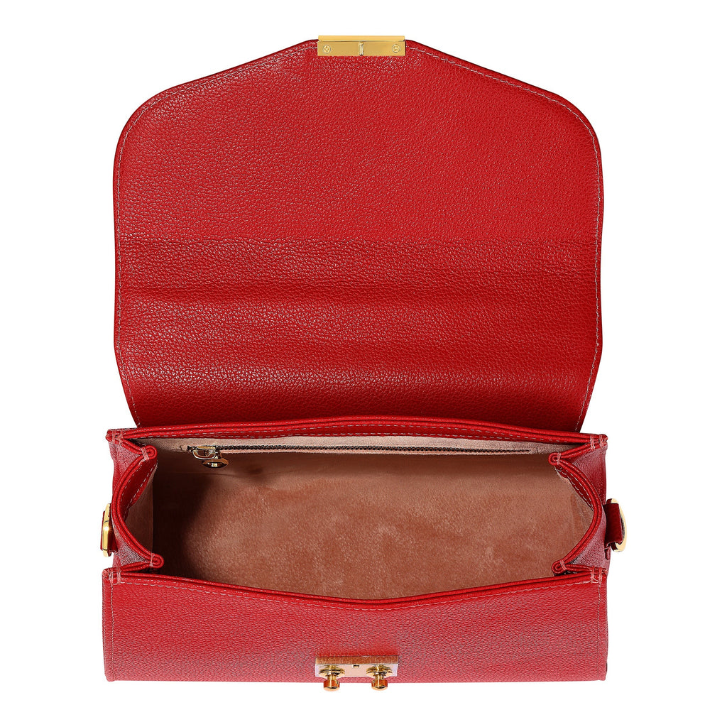 Luis Steven Maxine top handle bag in red Italian pebble leather with gold hardware and suede lining. Features front lock closure.