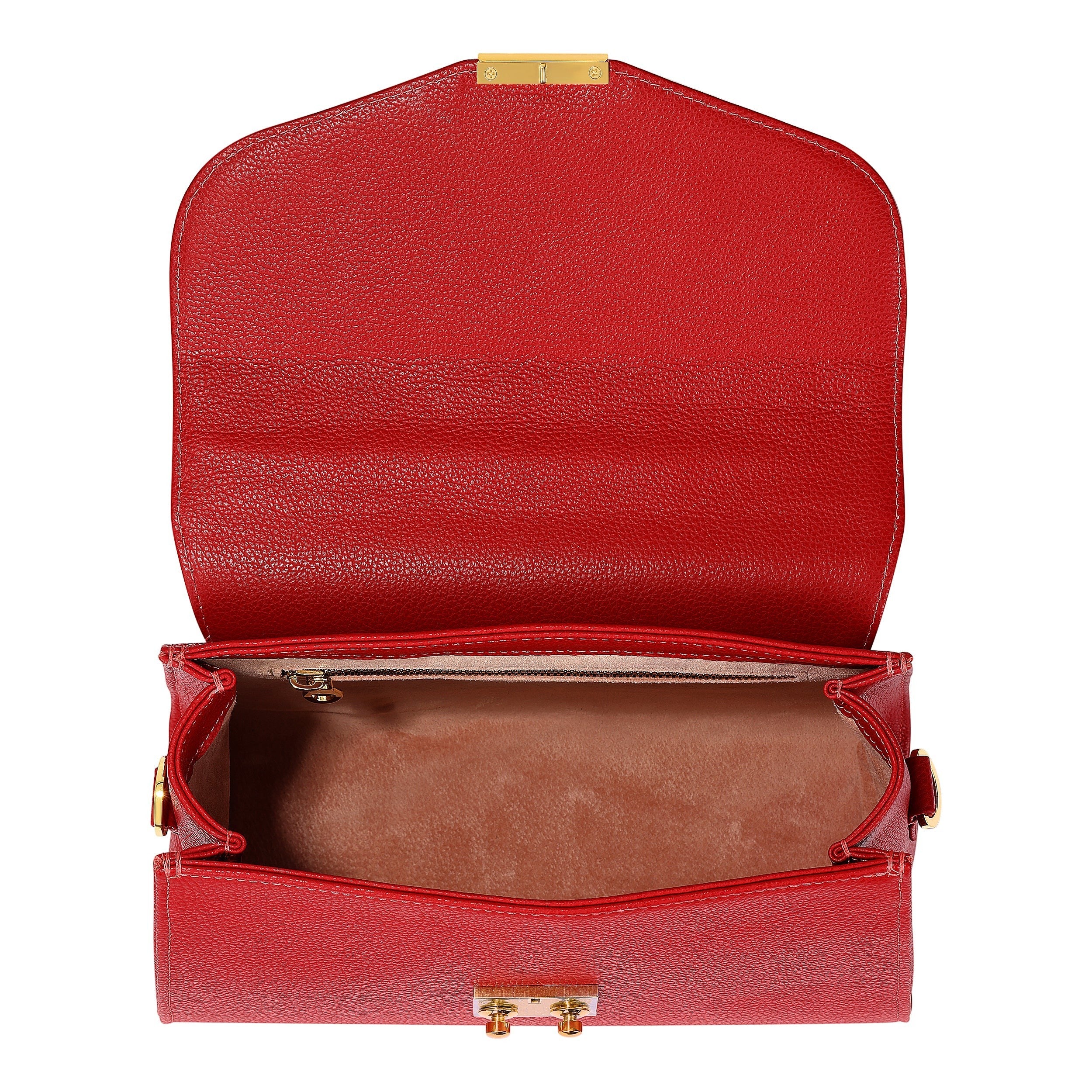 Luis Steven Maxine top handle bag in red Italian pebble leather with gold hardware and suede lining. Features front lock closure.