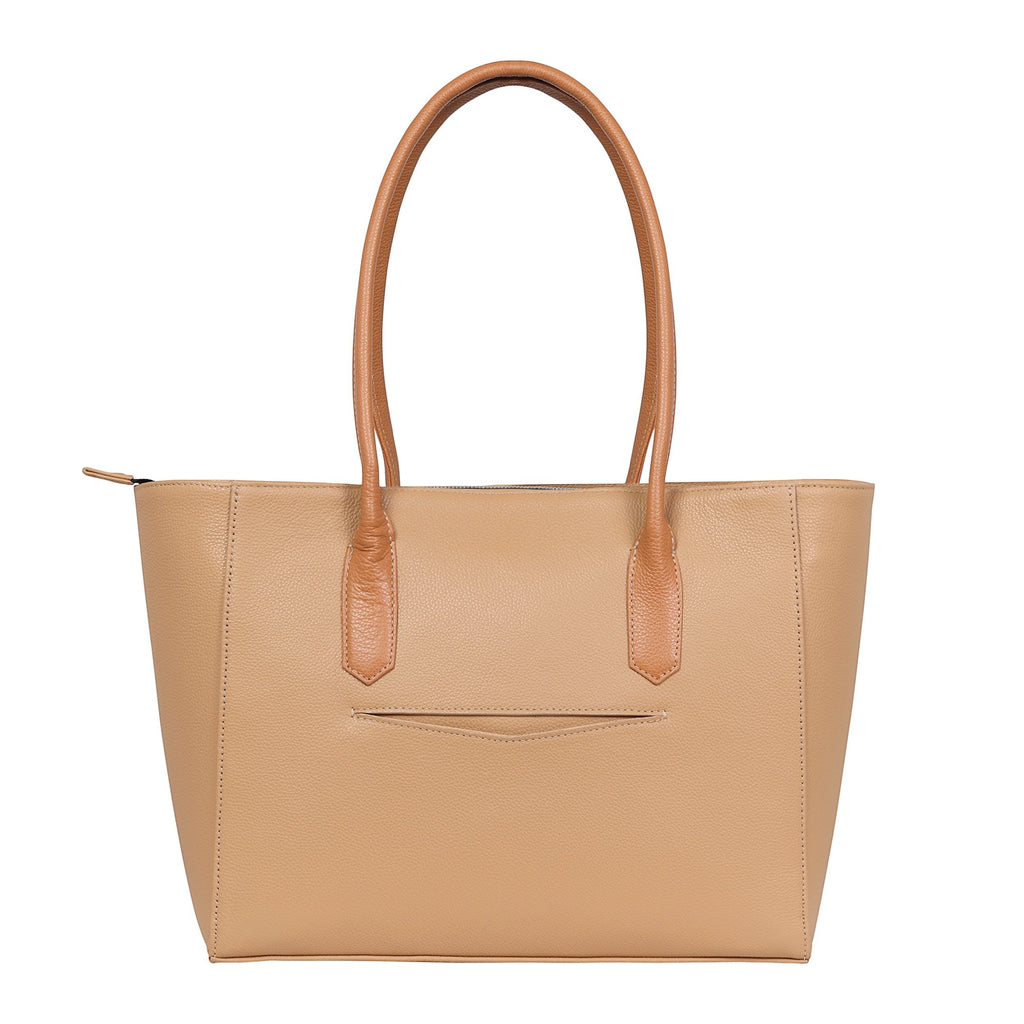 Luis Steven Medium Tote Pro 2.0 sand pebble Italian leather tote bag with top zipper and exterior pocket.