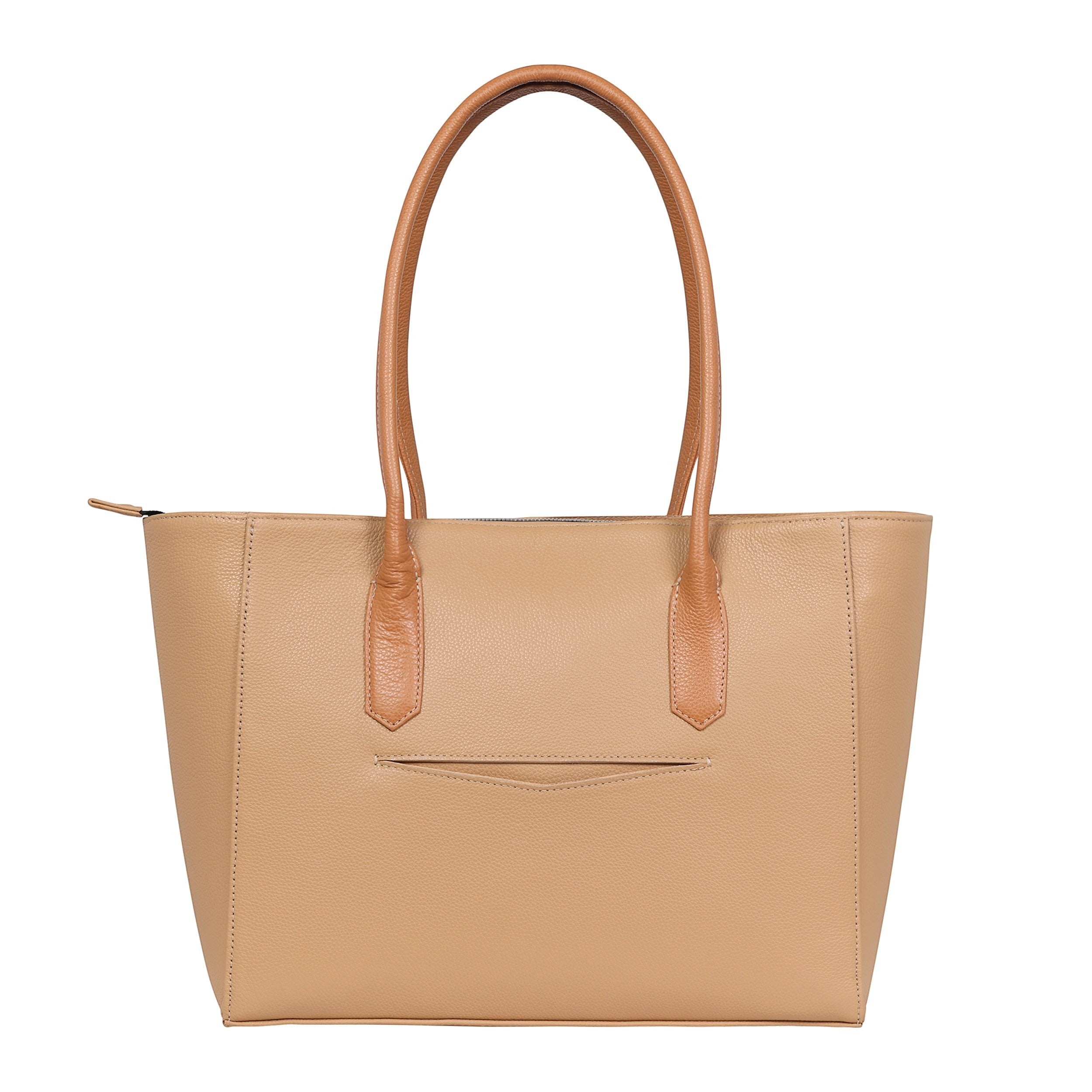 Luis Steven Medium Tote Pro 2.0 sand pebble Italian leather tote bag with top zipper and exterior pocket.