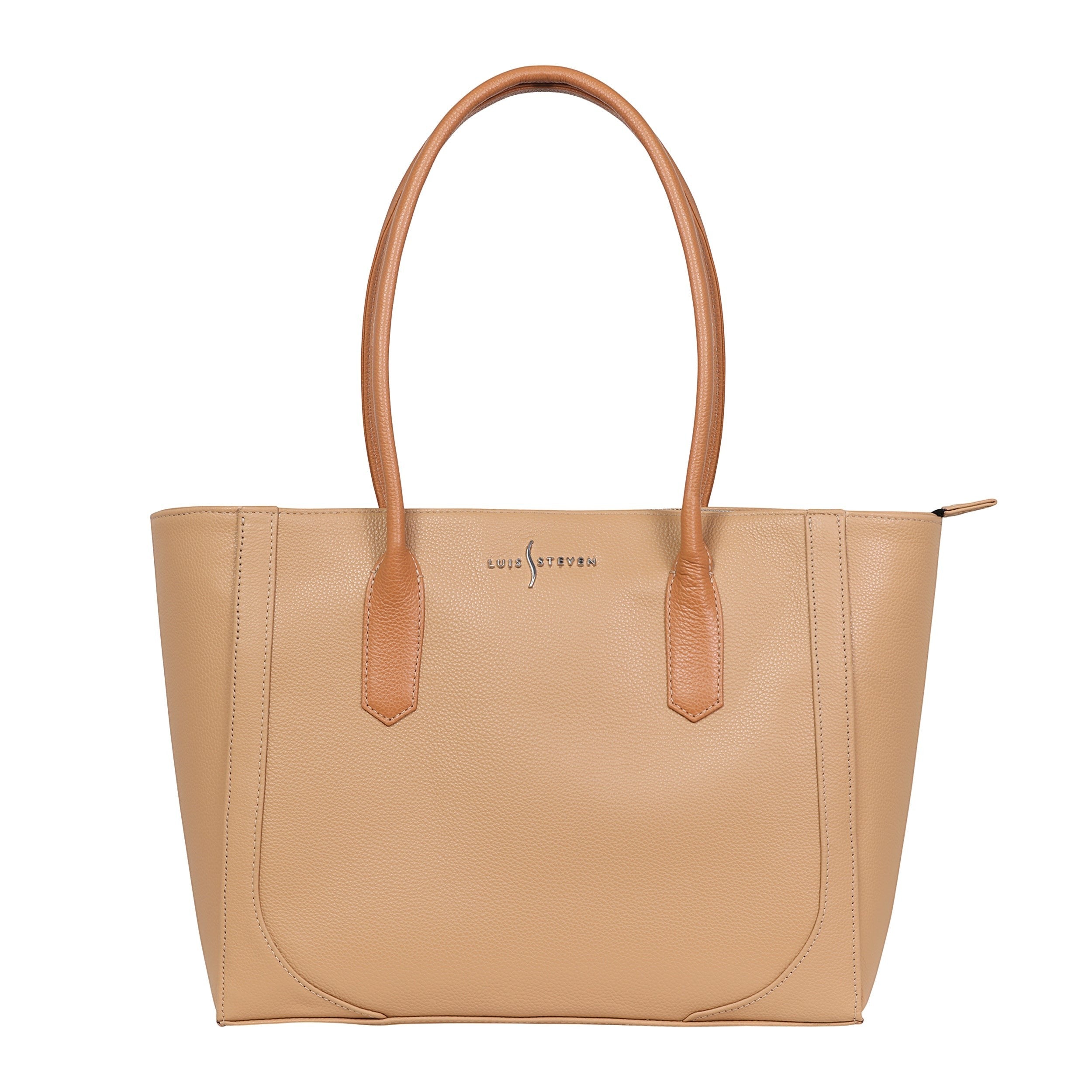Luis Steven Medium Tote Pro 2.0 in sand pebble Italian leather with tan handles. Features top zipper closure and interior pockets.