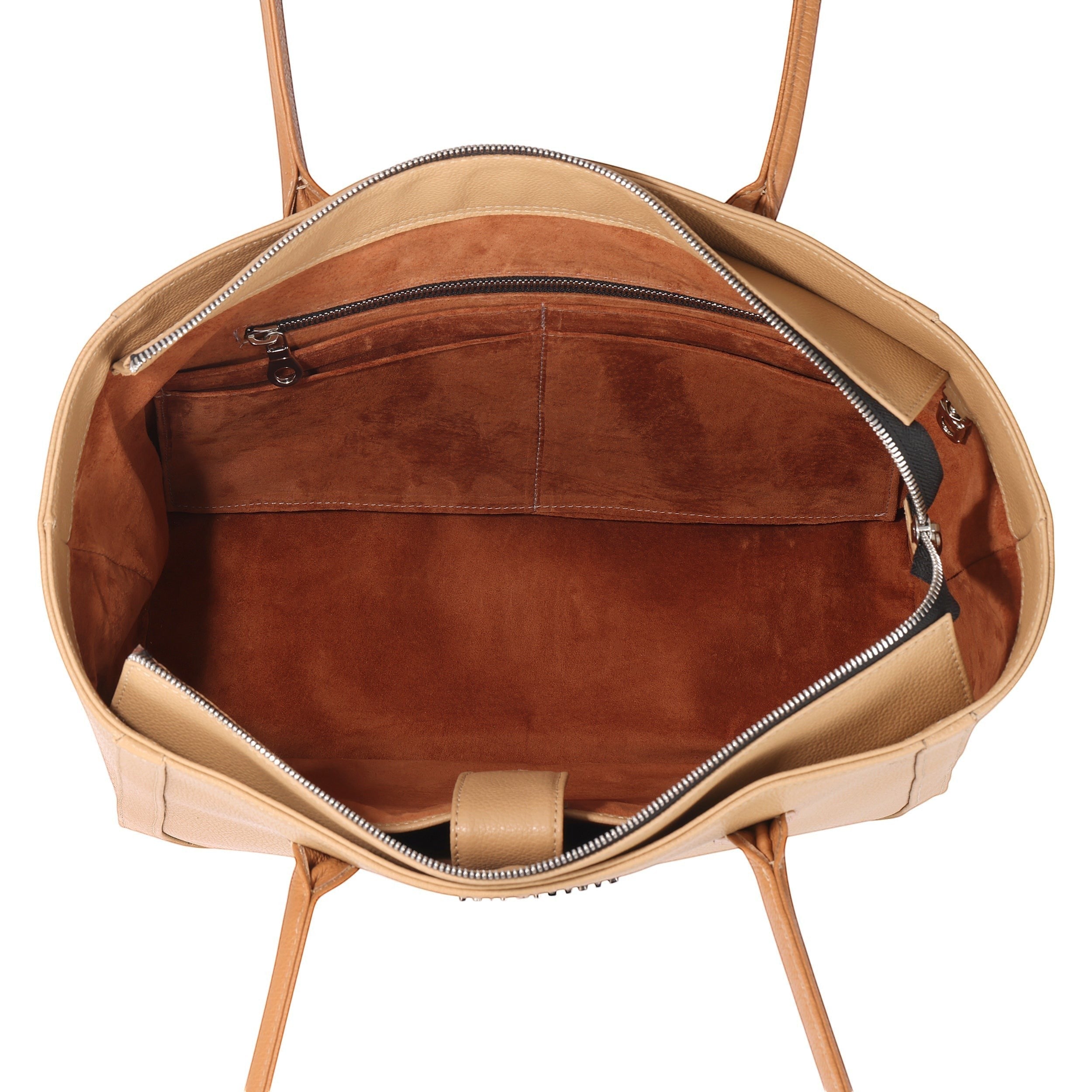 Luis Steven Medium Tote Pro 2.0 sand pebble Italian leather tote bag with suede interior and multiple pockets.