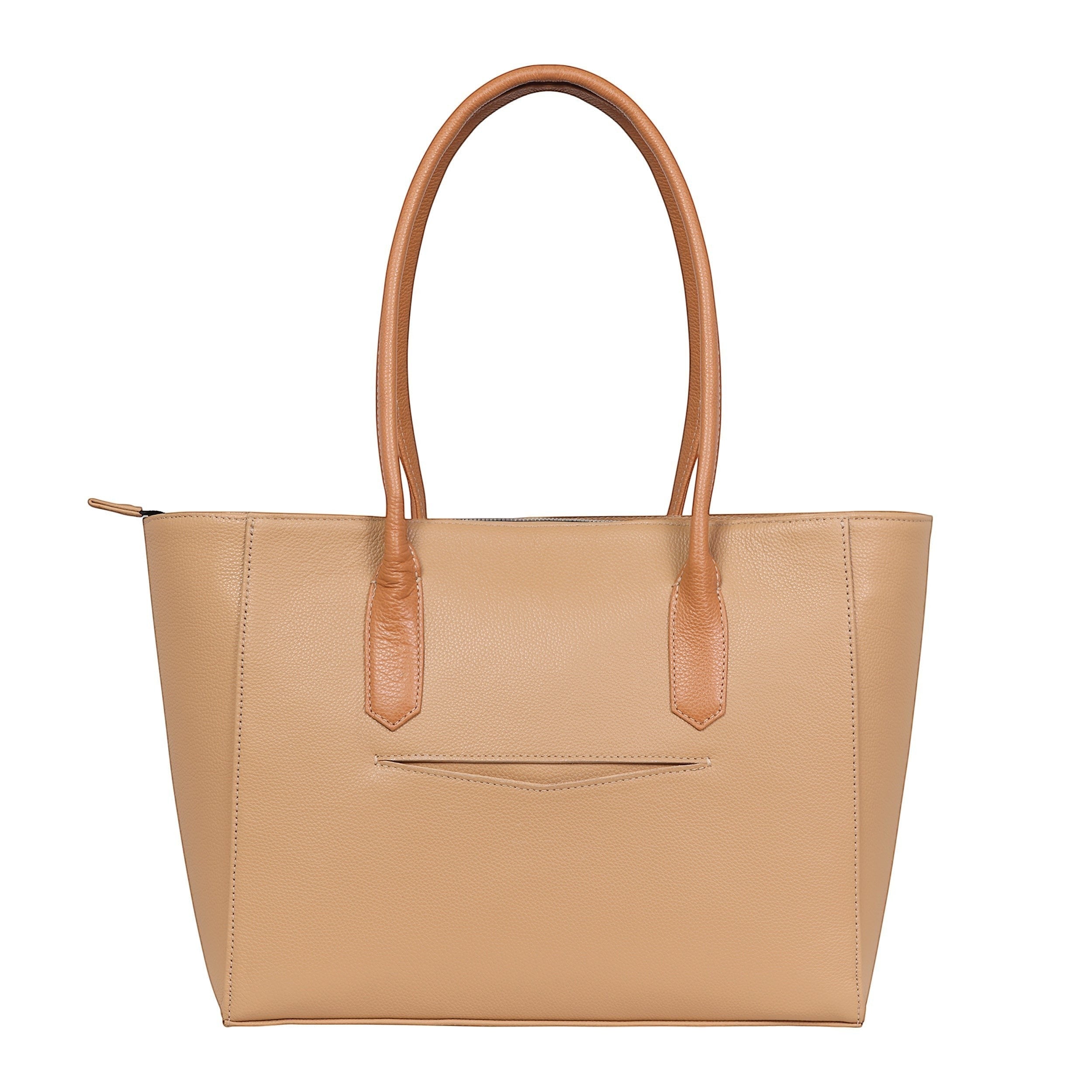 Luis Steven Medium Tote Pro 2.0 sand pebble Italian leather tote bag with top zipper and exterior pocket.