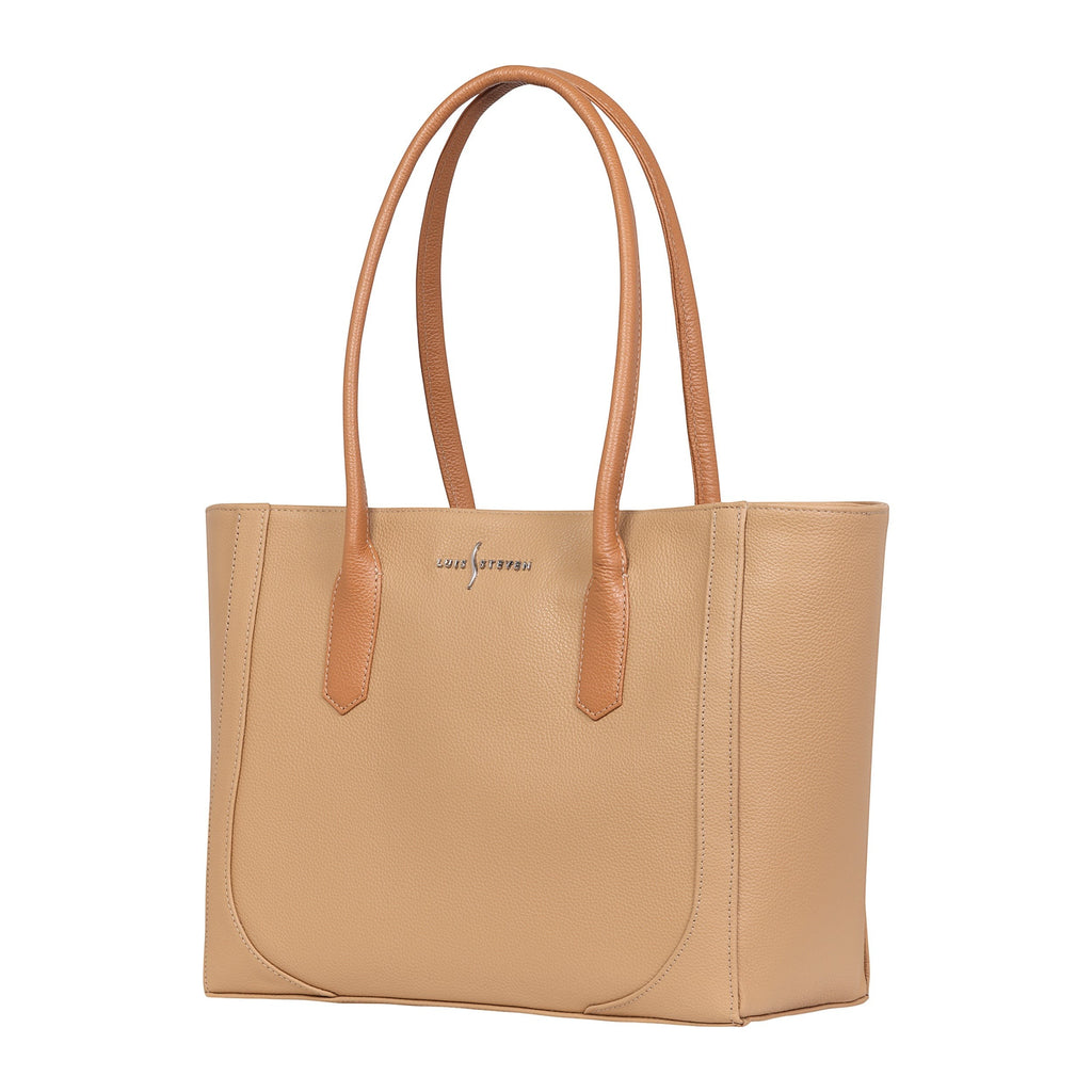 Luis Steven Medium Tote Pro 2.0 in sand pebble Italian leather with tan handles. Features a top zipper closure and metal logo.
