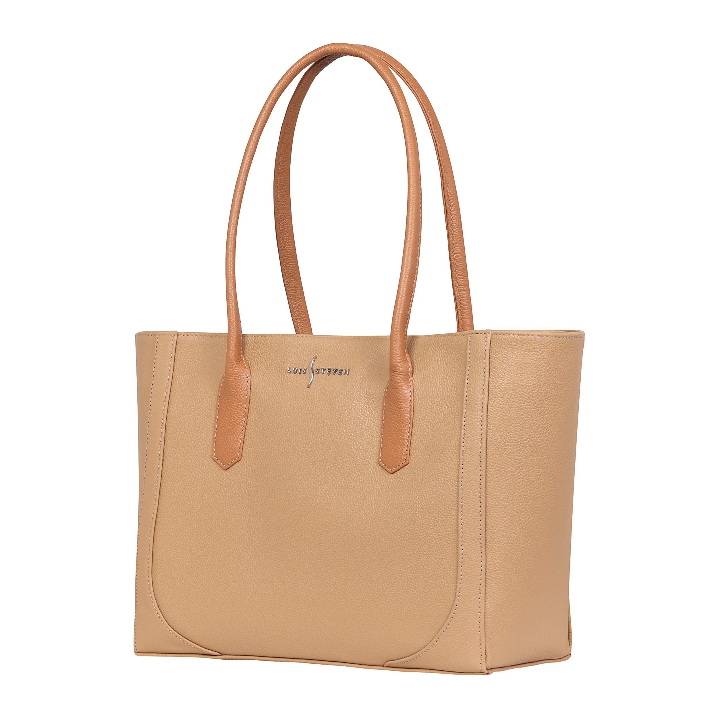Luis Steven Medium Tote Pro 2.0 in sand pebble Italian leather with tan handles. Features a top zipper closure and metal logo.